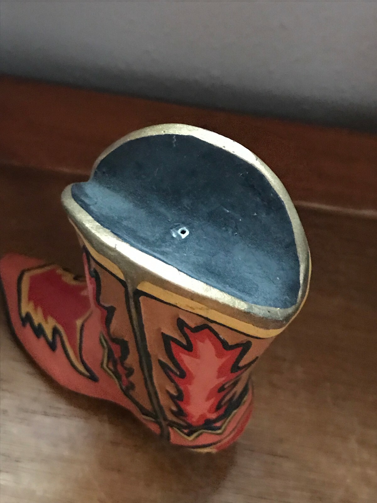 Small Orange Red & Brown Painted Hollow Ceramic Western Cowboy Boot Figurine –