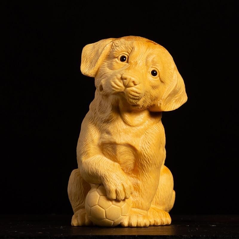 Wooden 2.36″ Hand Carved Soccer Puppy Statue Figurine Sculpture Home Decor Gift