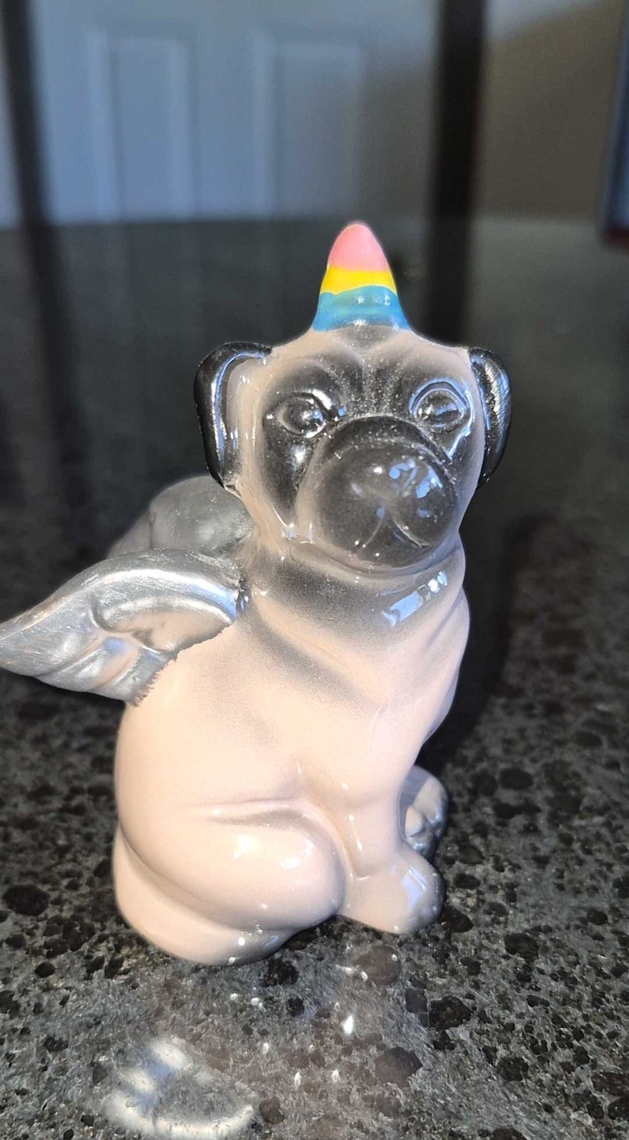 Vintage Ceramic Puppy Dog Pug Rainbow Unicorn Horn 4″ Figure Figurine