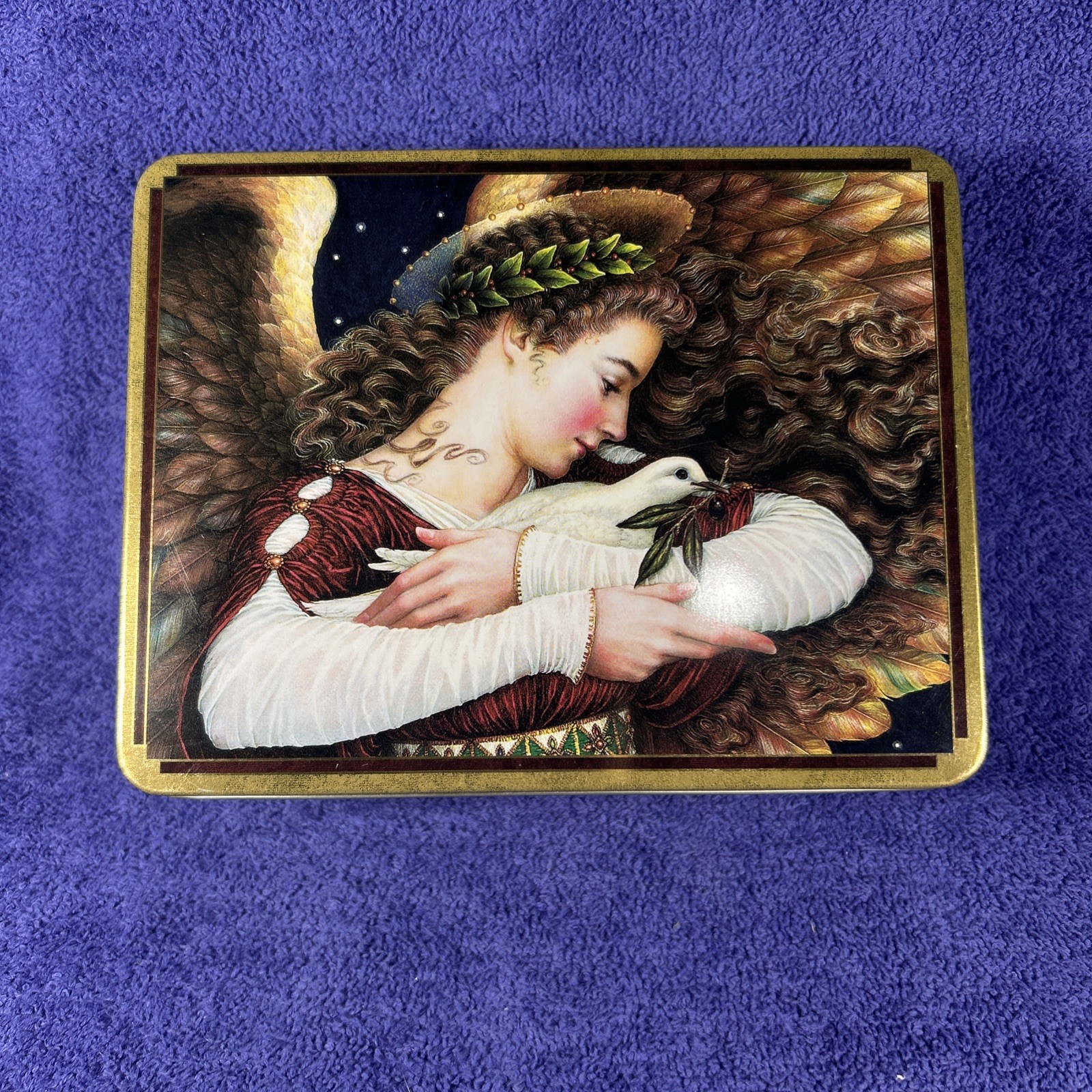 Rectangular tin Music Box Plays Amazing Grace Sweet Christmas Angel With Dove