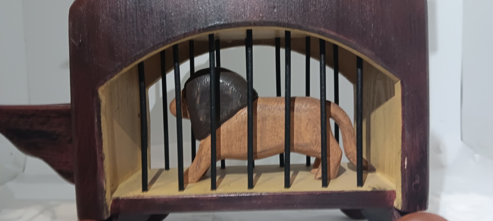 Vintage Handmade Wood Carved Circus Cart With Wood Lion