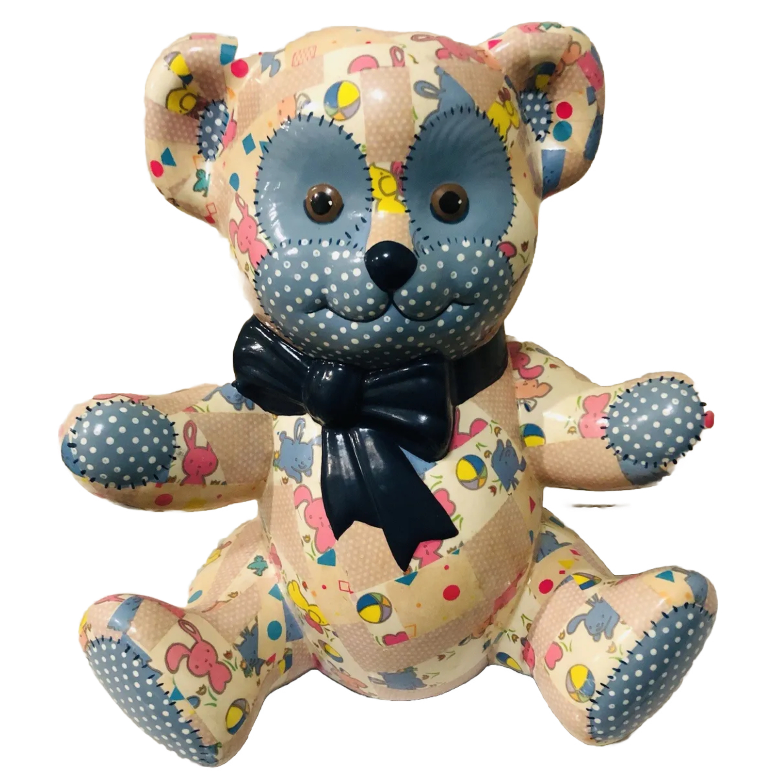 Large Ceramic Teddy Bear Patchwork 27cm Tall Decoupage Home Nursery Child Decor