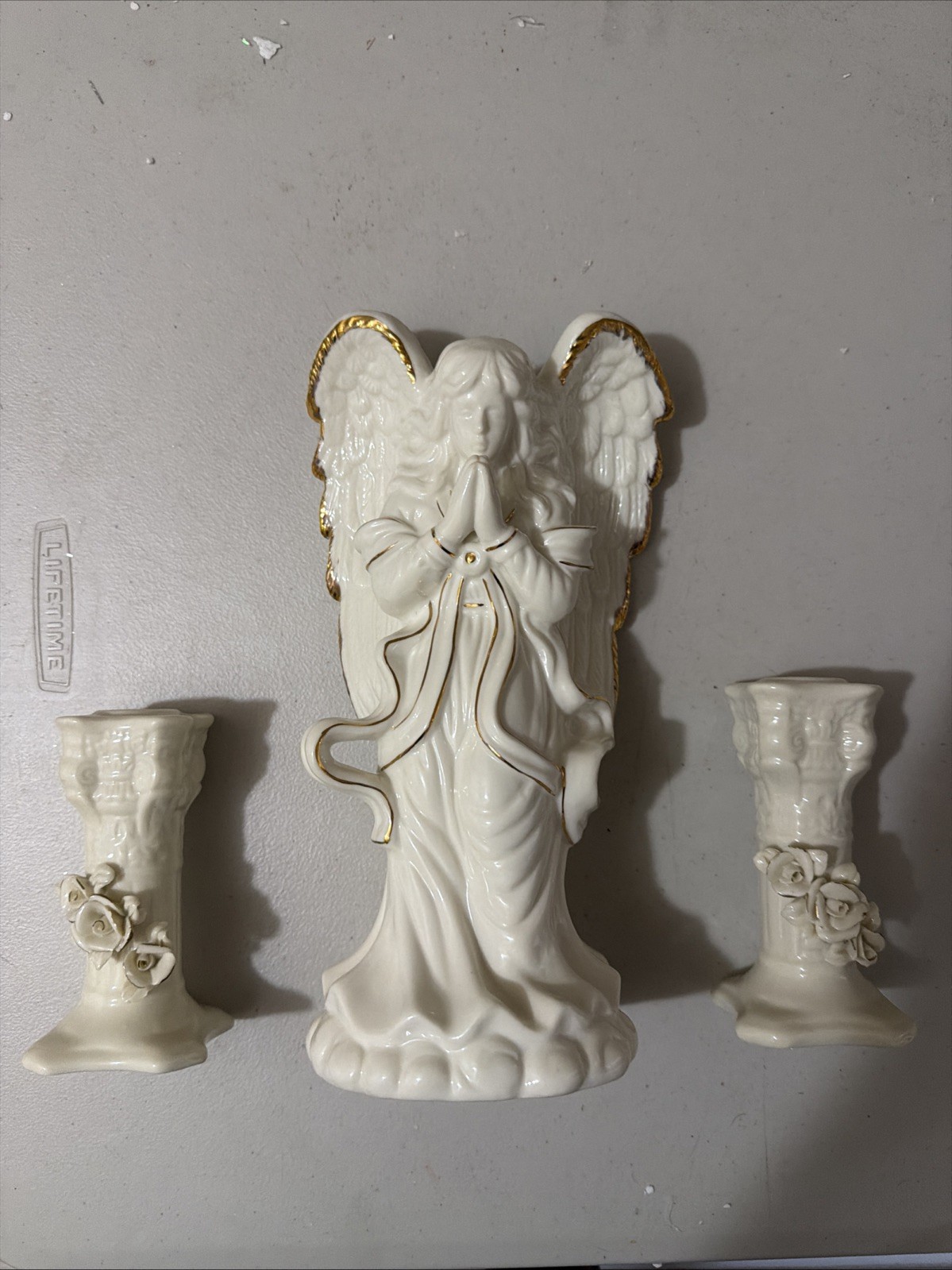 Vintage White Gold Praying Ceramic Angel Figurine 11″ 2 Matching Candle Holders