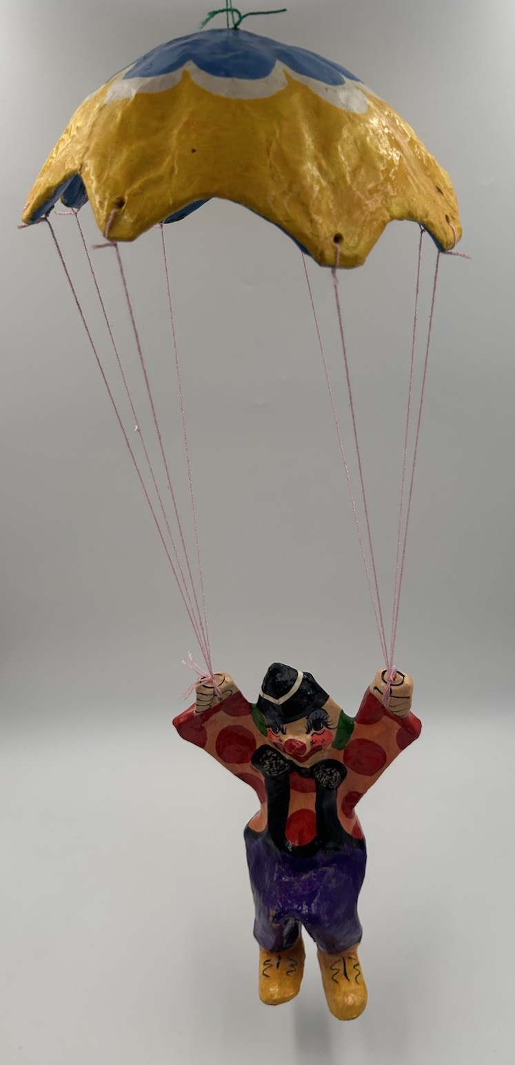 Vintage Folk Art Paper Mache Hanging Clown w/ Umbrella Parachute Mobile Bright