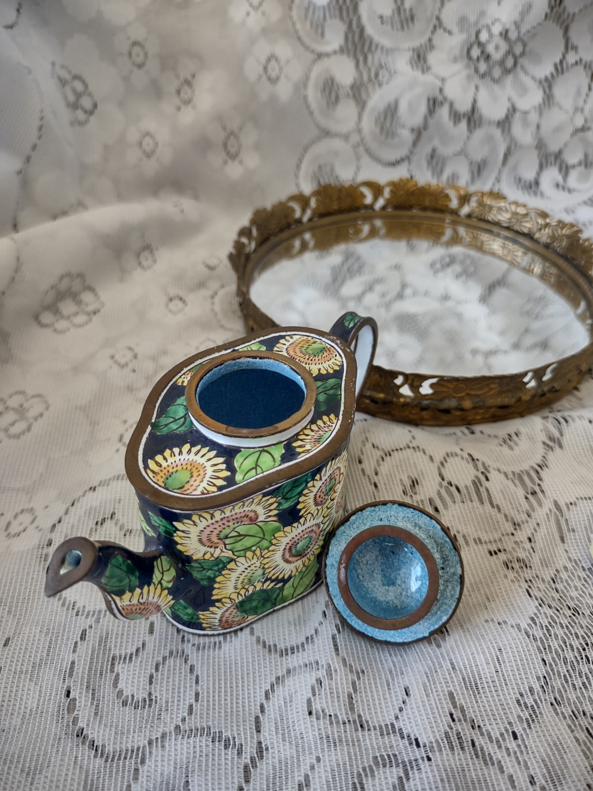 Kelvin Chen Enamel Miniature Teapot With A Sunflower Design