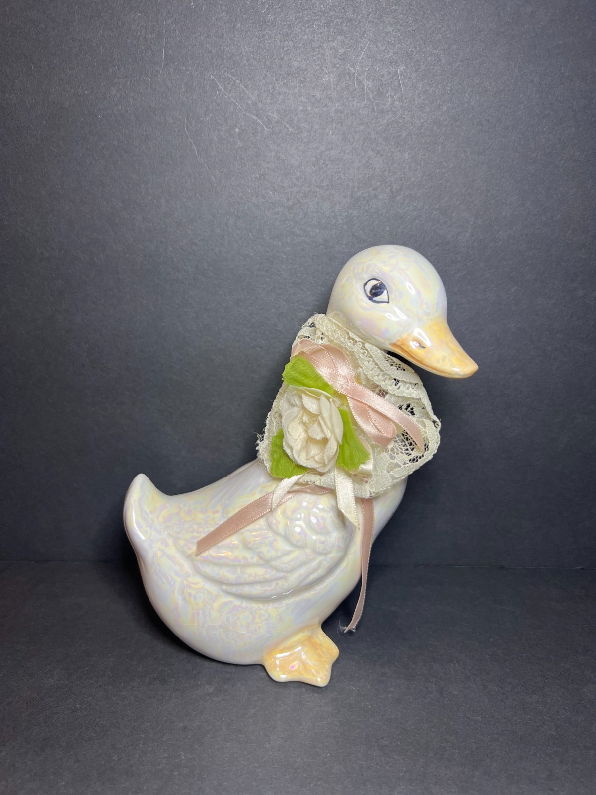 Vintage Iridescent Porcelain Decorative Floral Lace Embellished Goose Figure 7″