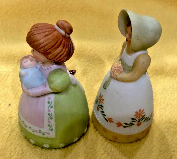 Avon Bell Figurine Lady with Bonnet Flowers 1985 & Lady Holding Baby 1988 3″Tall