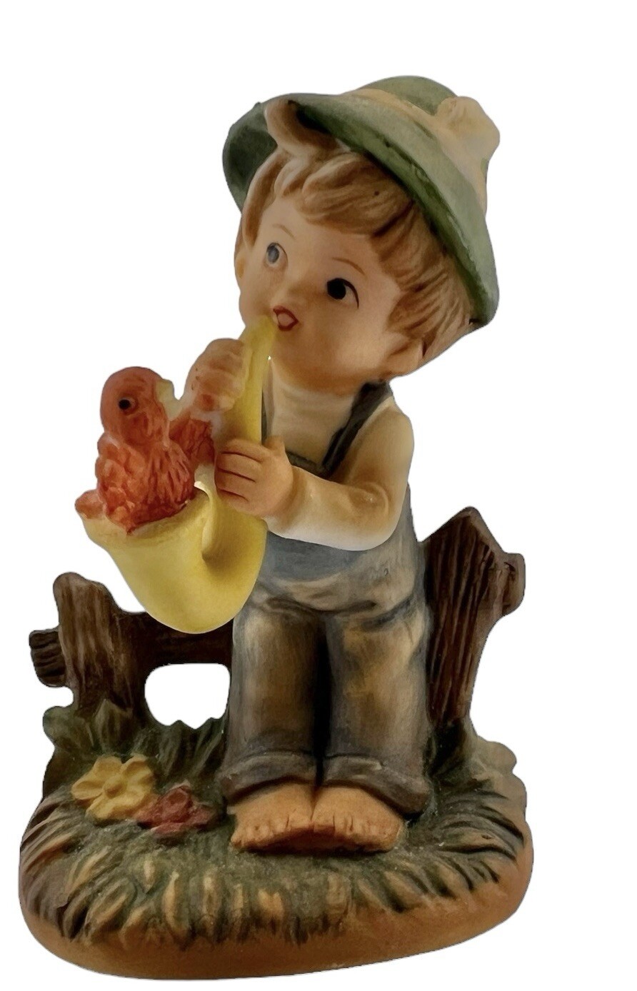Vintage Napcoware Tiny Tots Ceramic Boy With Horn Figurine With Tag 3.5”