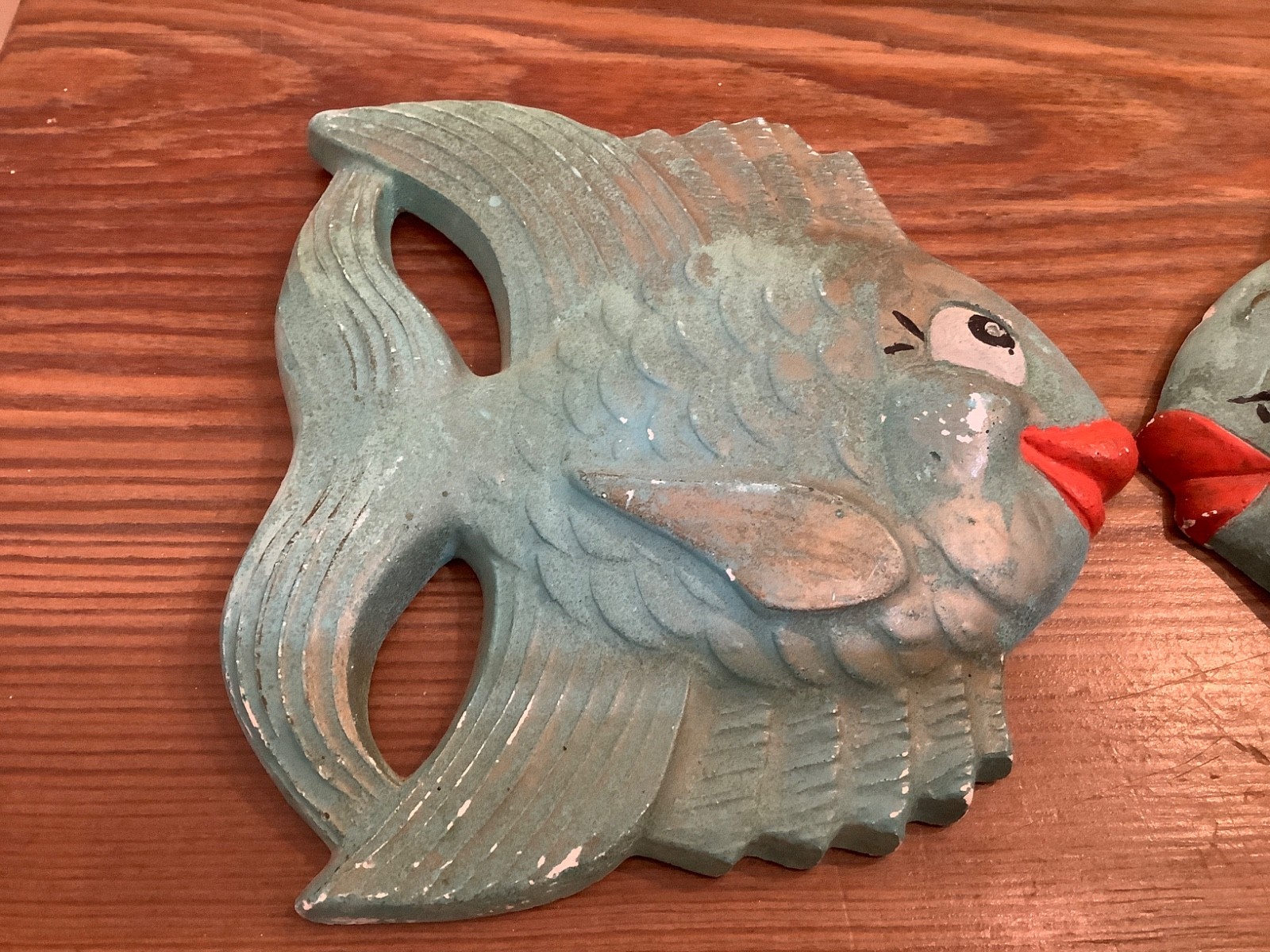 Vintage Blue Chalkware Kissing Fish 1954 Miller Studios Wall Decor MCM as is