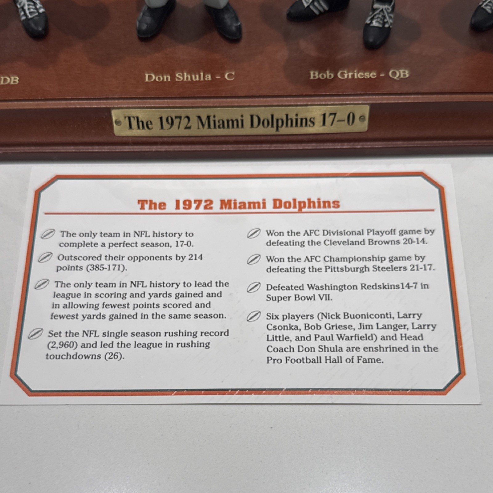Miami Dolphins 1972 Collectible 17-0 Perfect Season Danbury Figurine