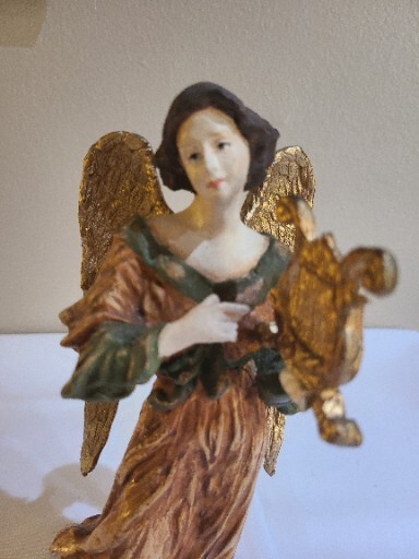 Beautiful Vintage Winged Angel With Harp 11 Inches Tall