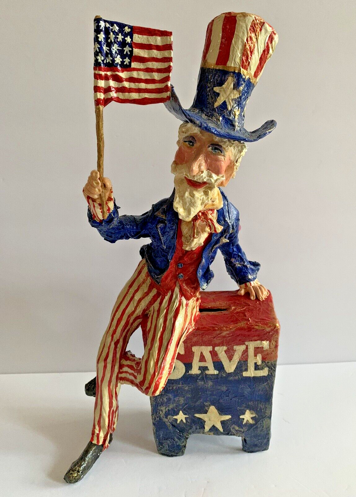 Uncle Sam Paper Mache Art Figure Red White Blue Flag Patriotic Signed 🇺🇸 OOAK