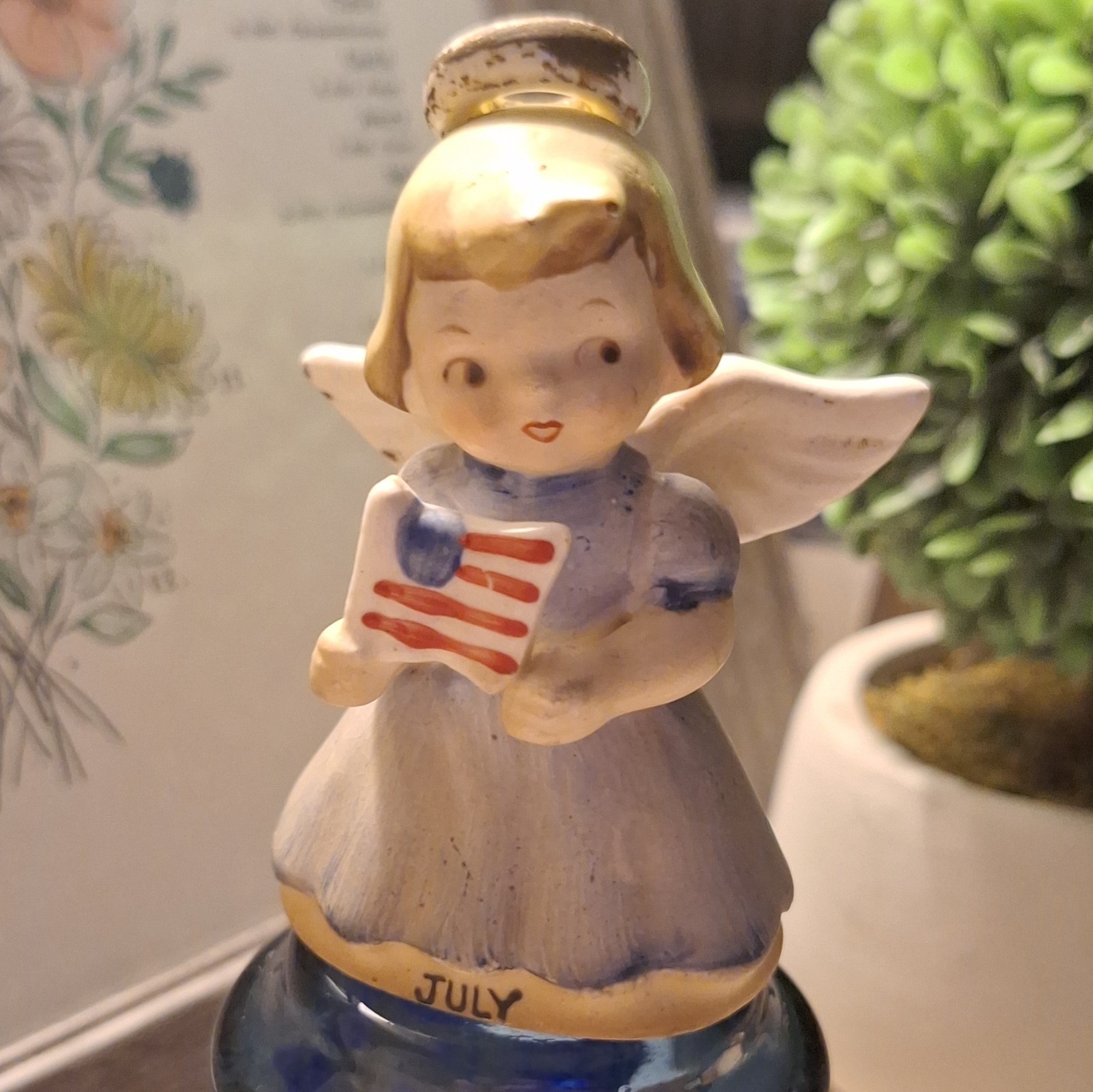 Norcrest Ceramic Patriotic Angel Figurine July 4th Holding Flag F-397 Bell