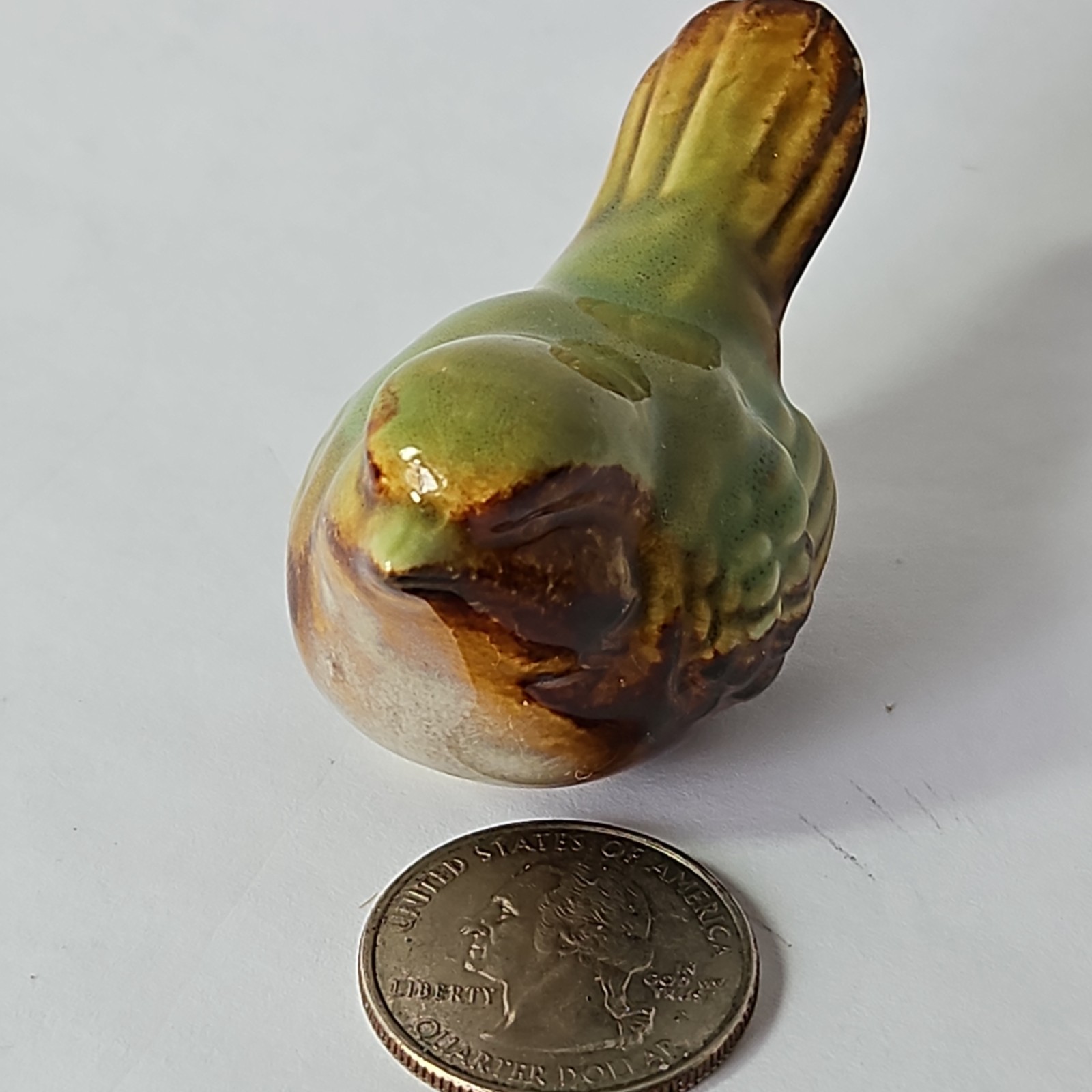 Set of 3 Ceramic Sparrow Bird Miniature Figurine Brown Green Glazed Pottery