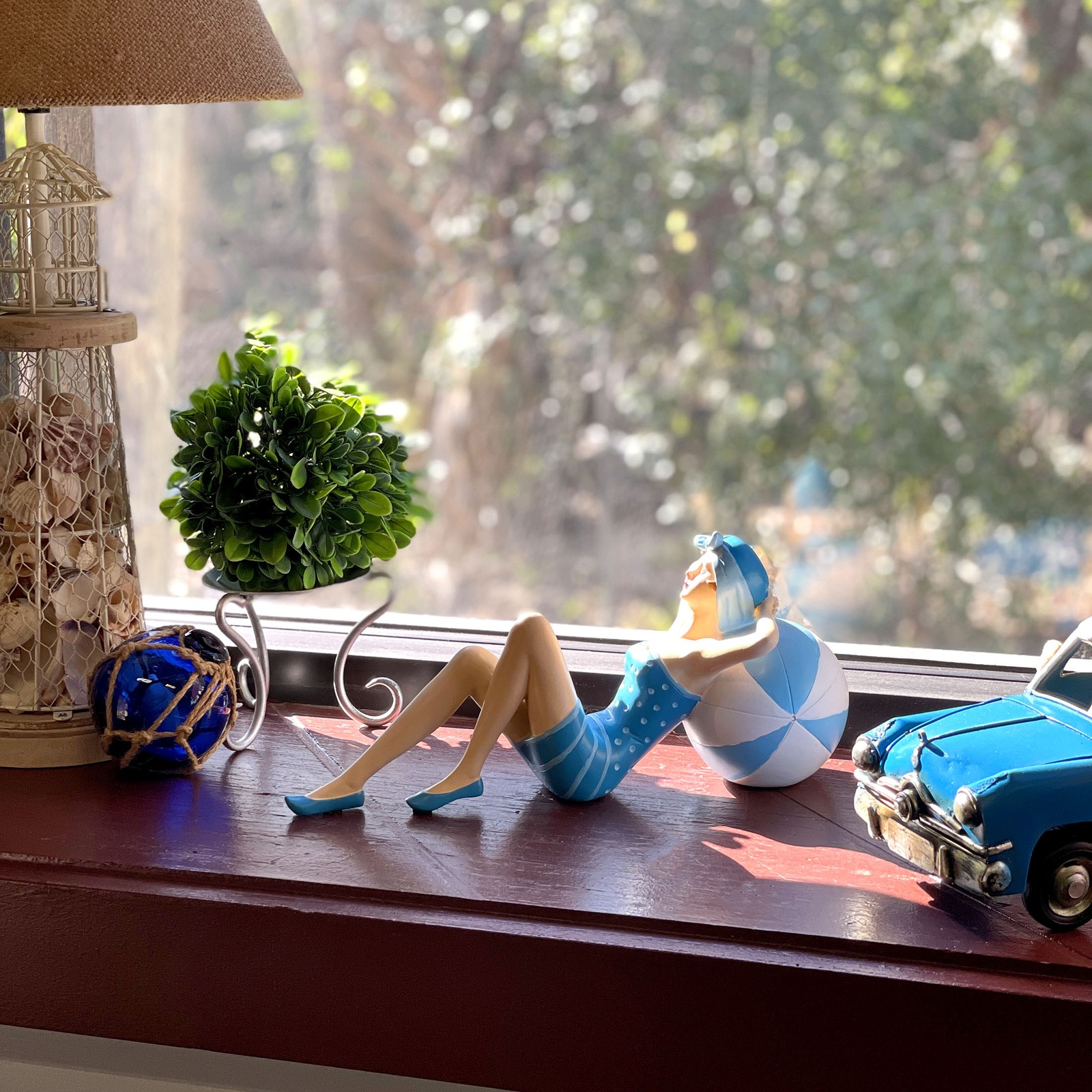 Beach Beauty Sunbathing Figurine on Beachball Coastal Shelf Decor 12 inch