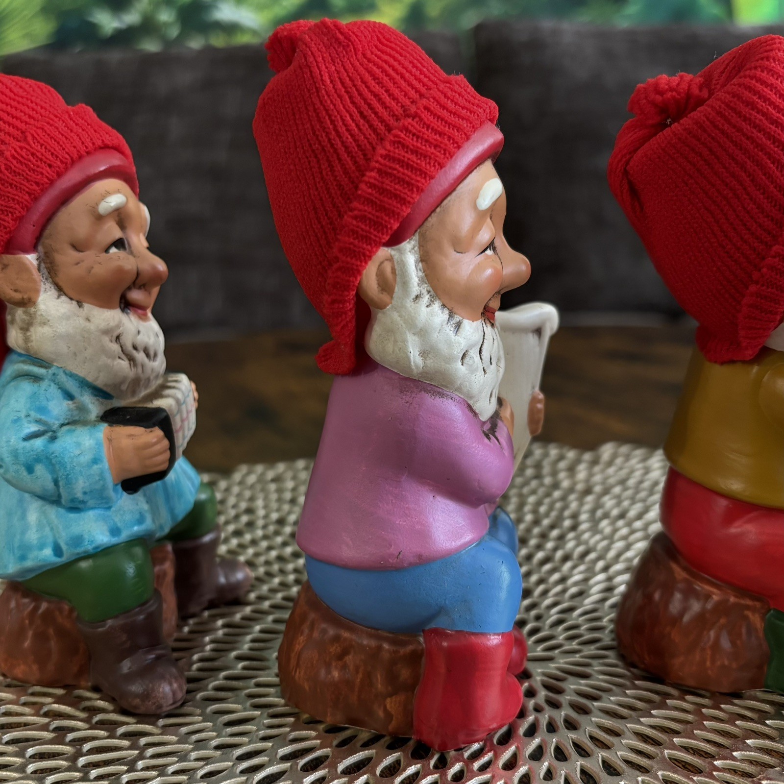 Vintage Figurines 3 Gnomes Playing Instruments Knitted Hats 5”