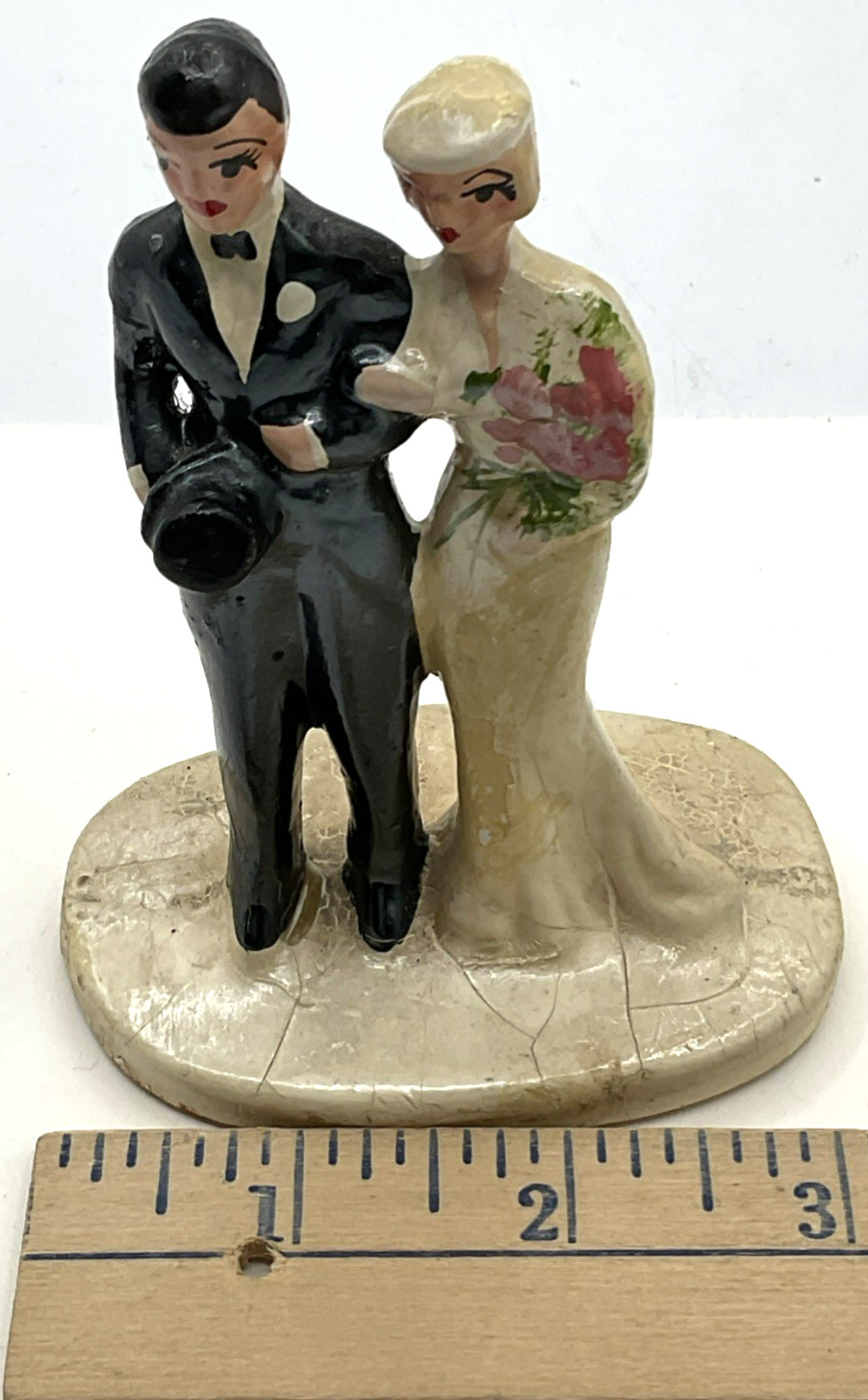 Vintage Chalkware Wedding Cake Topper Man Woman Marriage Formal Hand Painted