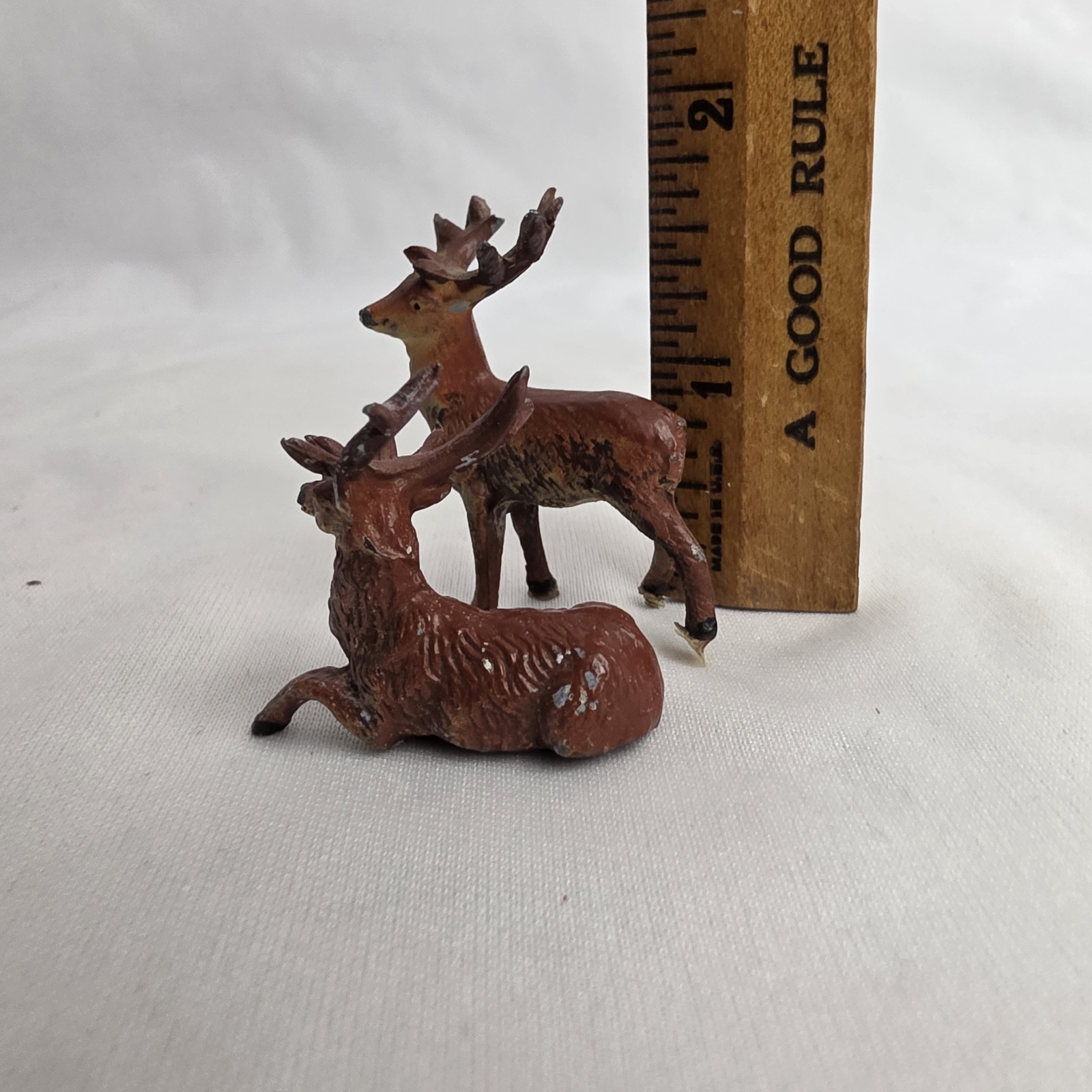 Vintage Cast Metal Hand Painted Miniature Buck Deer Figurines Trinkets Set Of 2