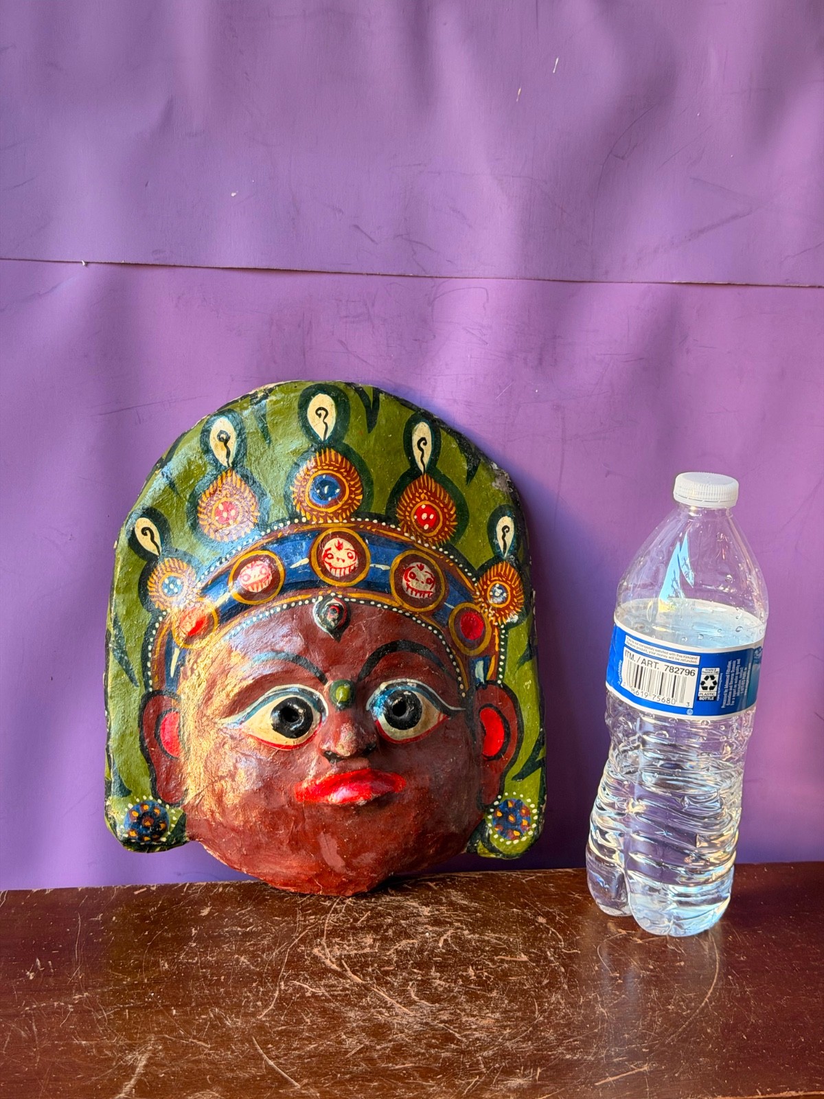 Vintage Nepalese Mask Hand Painted Copper Deity Newar Folk Art Wall Decor
