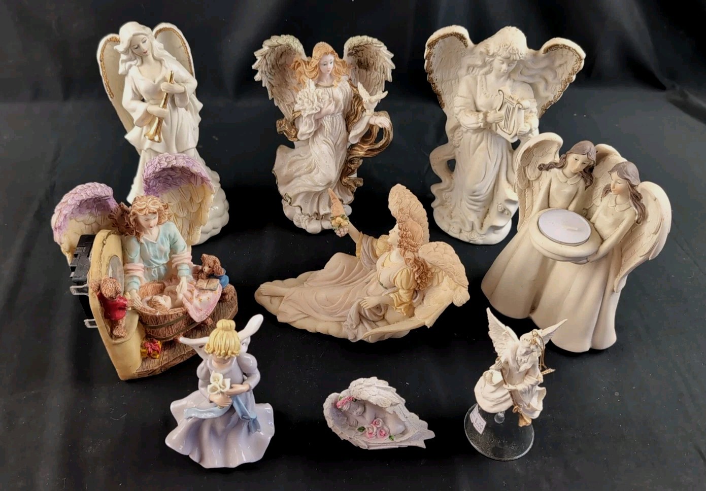 (Lot of 9) Angel Figurines, Various Brands and Sizes. 2.5″ to 8.5″ Tall