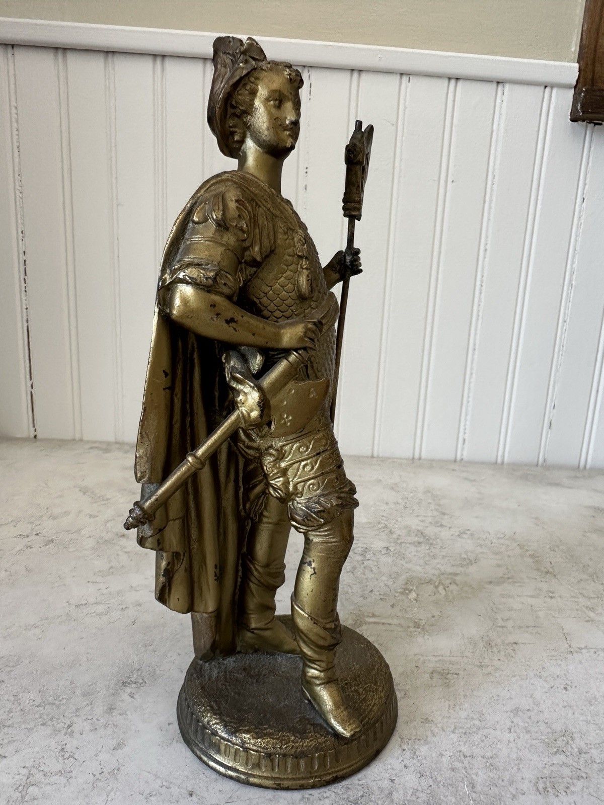 Antique Medieval Warrior Statues Set 9.5” Bronzed Spelter Knights Medusa Shield