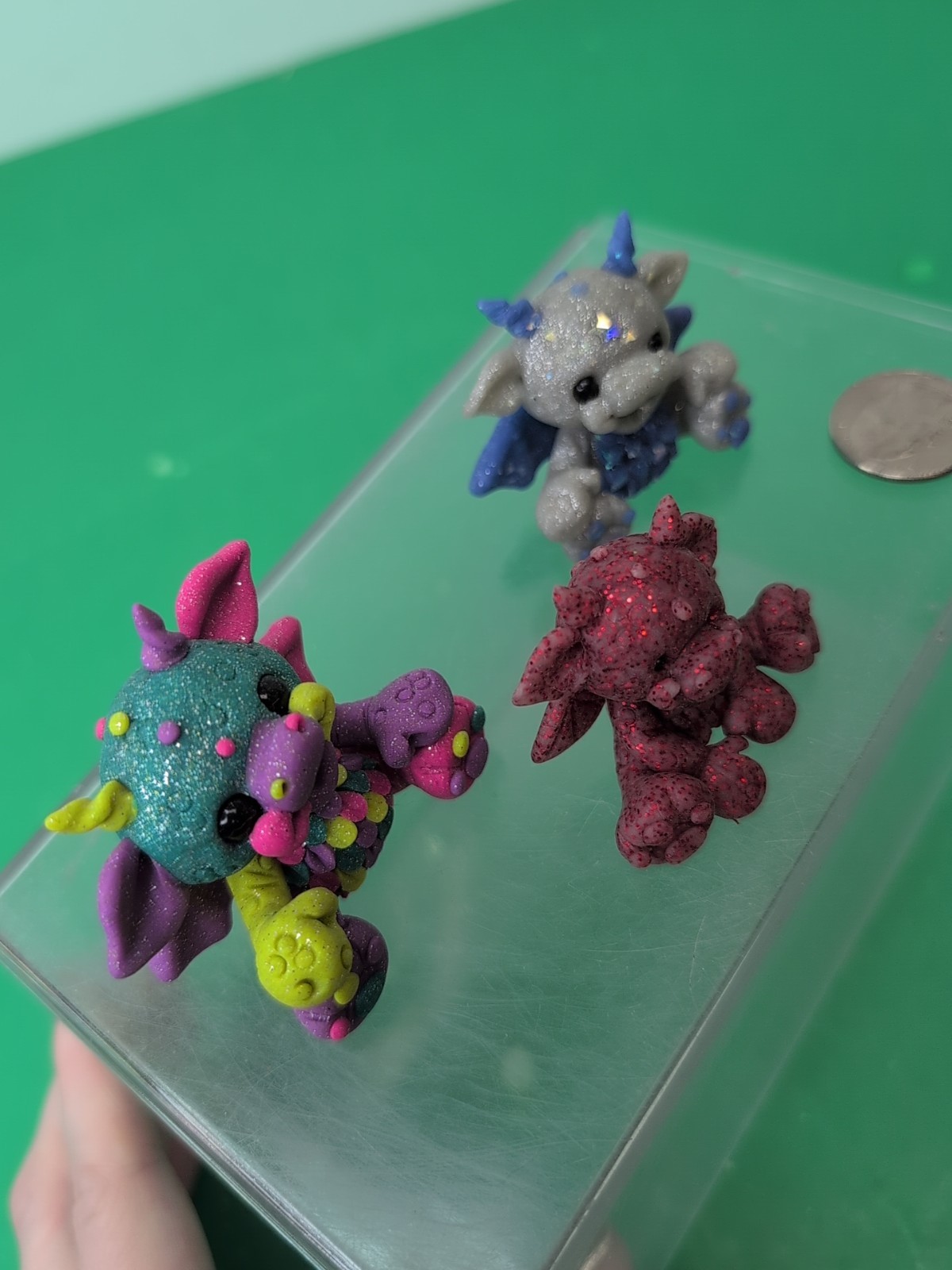 2″ Lot Of 3 Handmade Polymer Clay Figurines Dragons Glitter Cute Faces #DR8