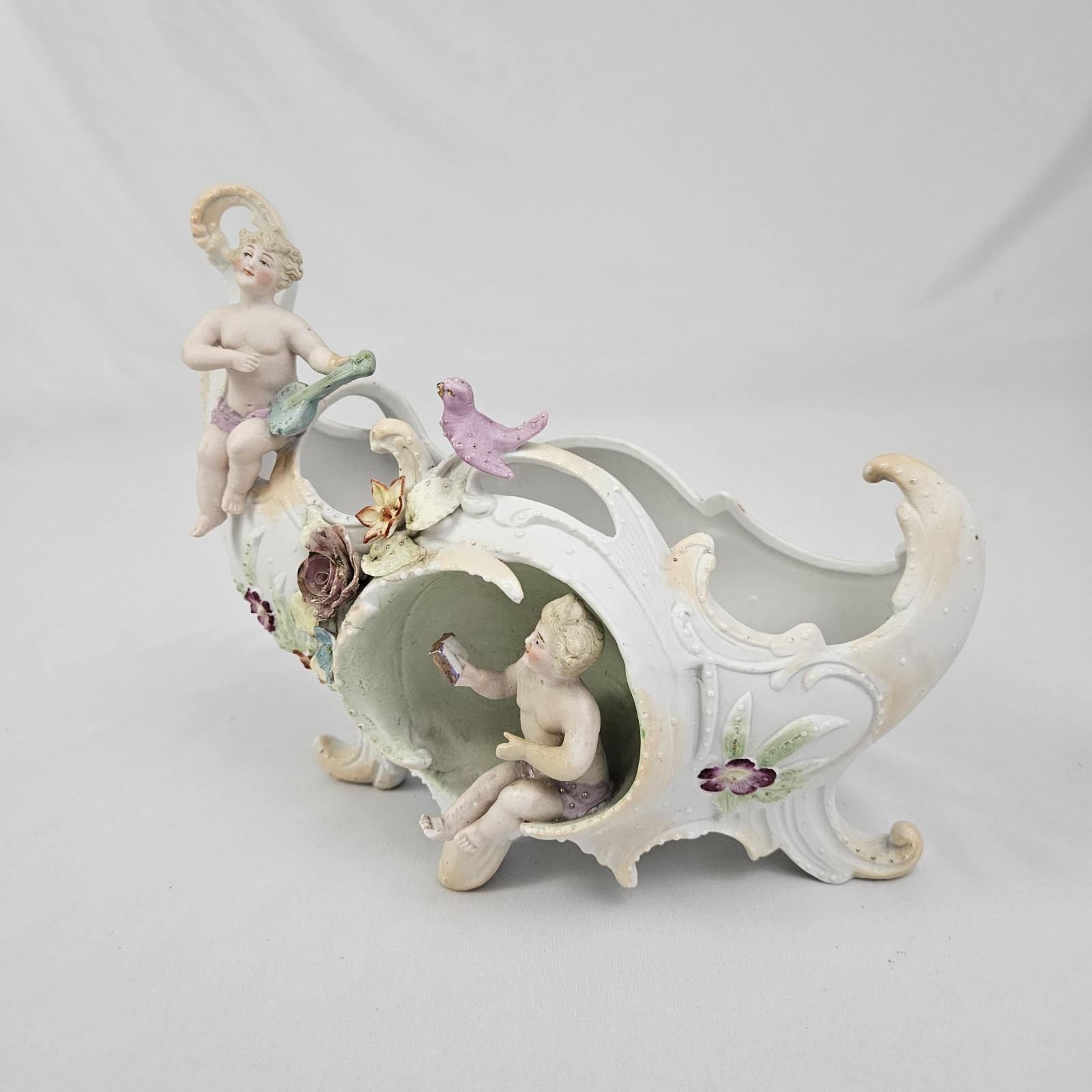 Vintage German Bisque Porcelain Planter Cherub Boat Rococo Centerpiece