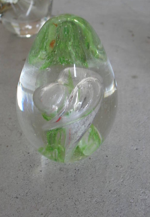 Unique Vintage Green and Clear Glass Egg Shaped Paperweight