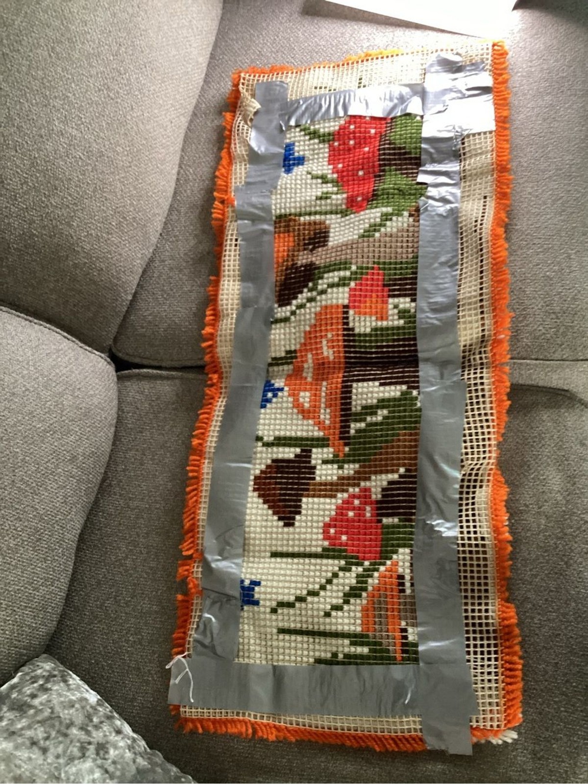 Hand Crafted Orange, Red, Brown & Green Merry Mushroom Latch Hook Wall Hanging