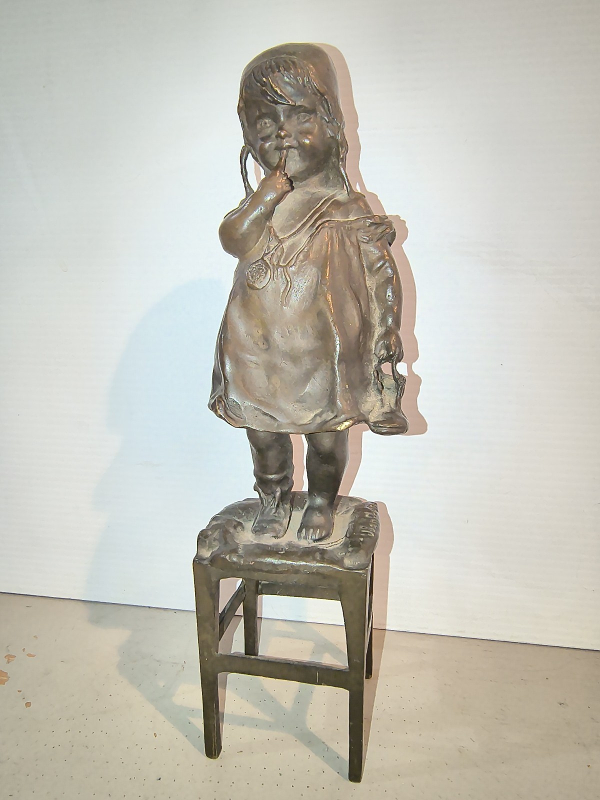 Antique Bronze Statue Girl Standing on Stool Art Nouveau Signed Juan Clara 12”