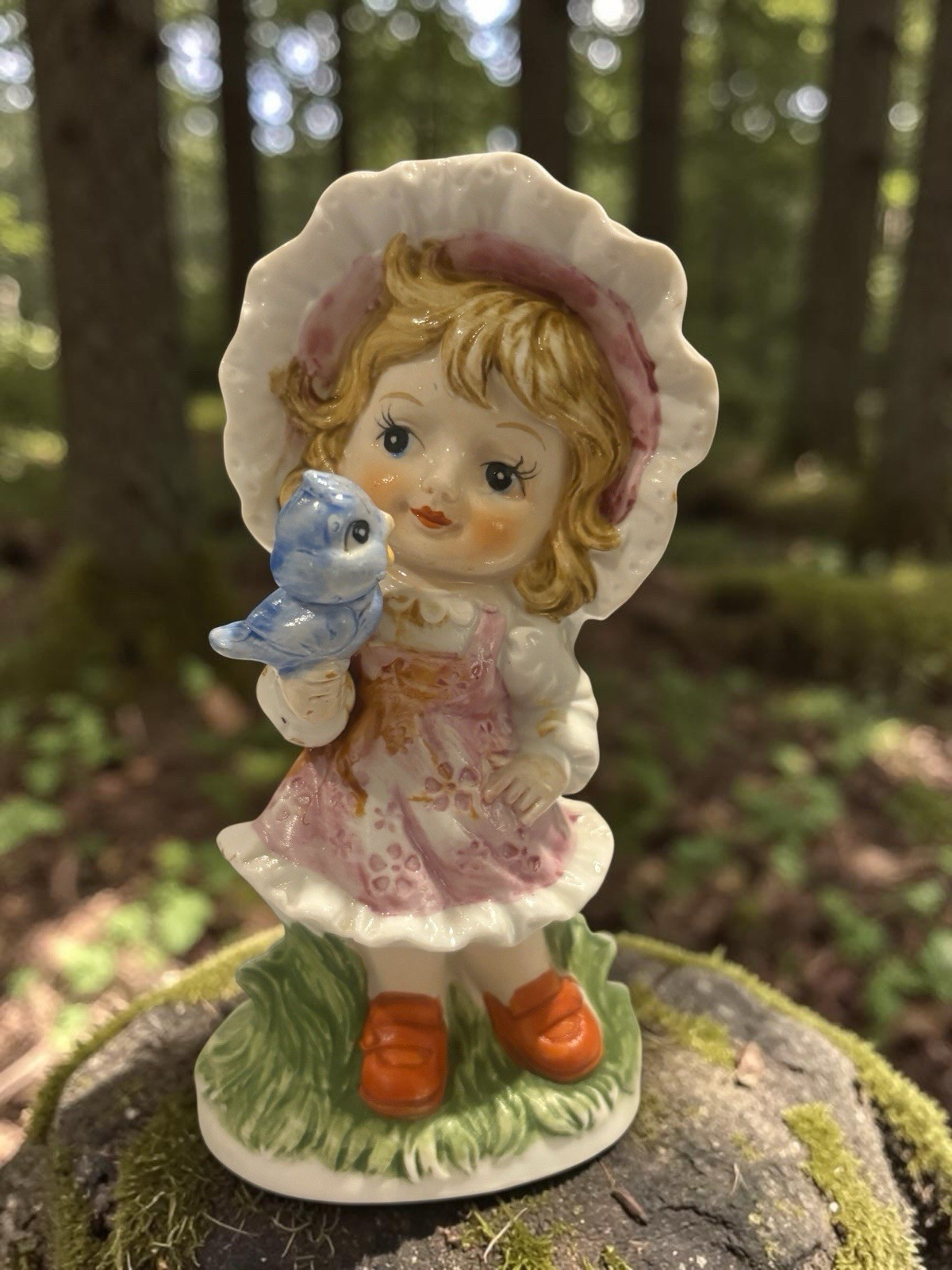 Cute Ardco Girl Holding A Blue BirdAbout 5 Inch High Taiwan Pink Bonnet