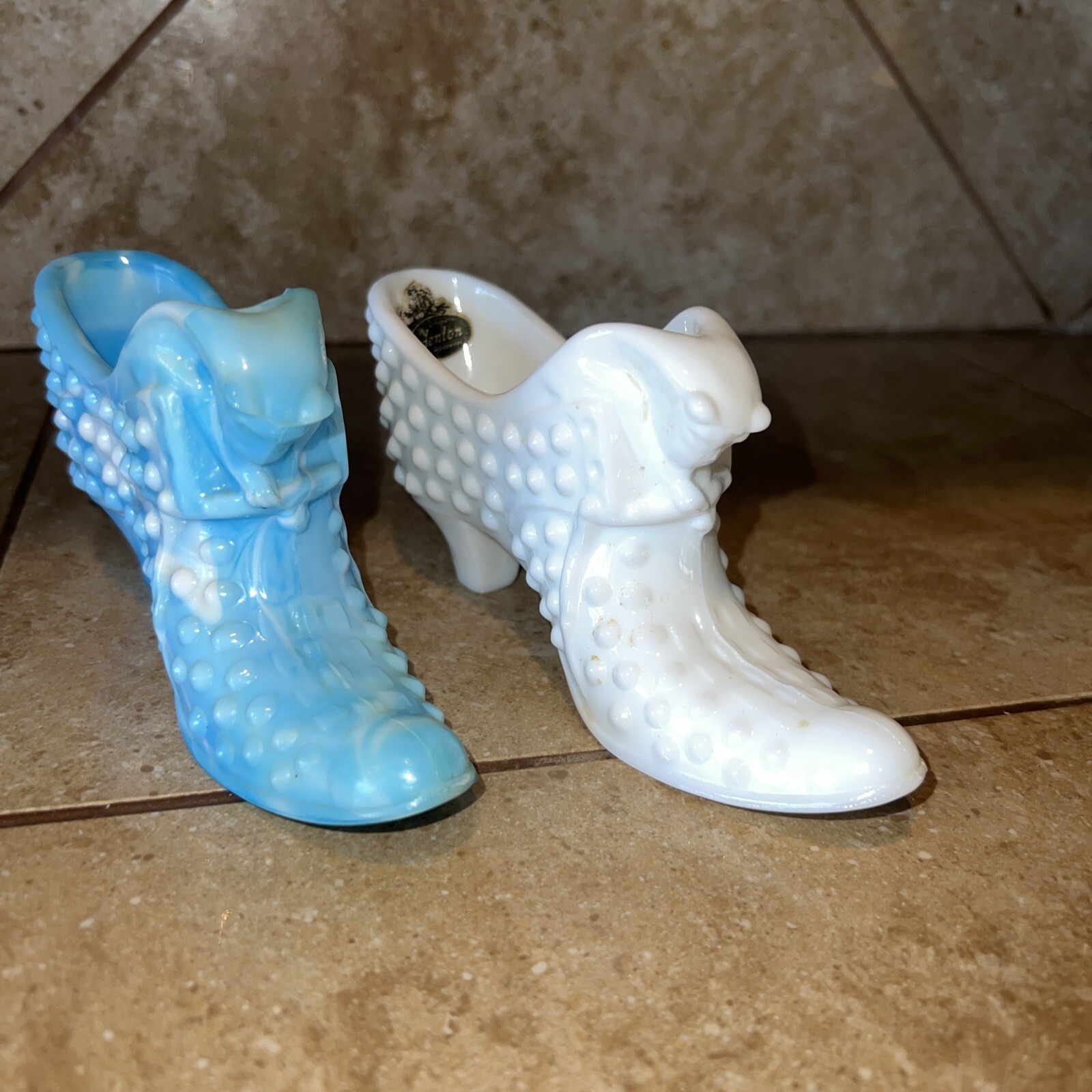 Set Of 2 Vtg Fenton Glass Blue Marble & White Hobnail Cat Head Shoe Slipper