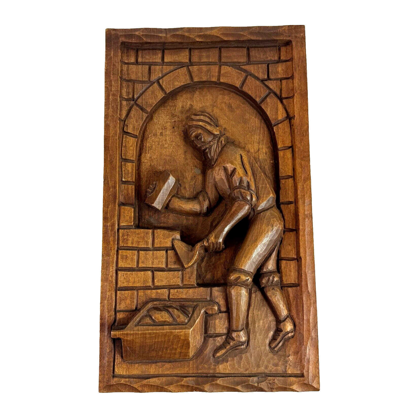 Vintage Mason Brick Layer Solid Relief Wood Wall Art Handmade Decor Carved