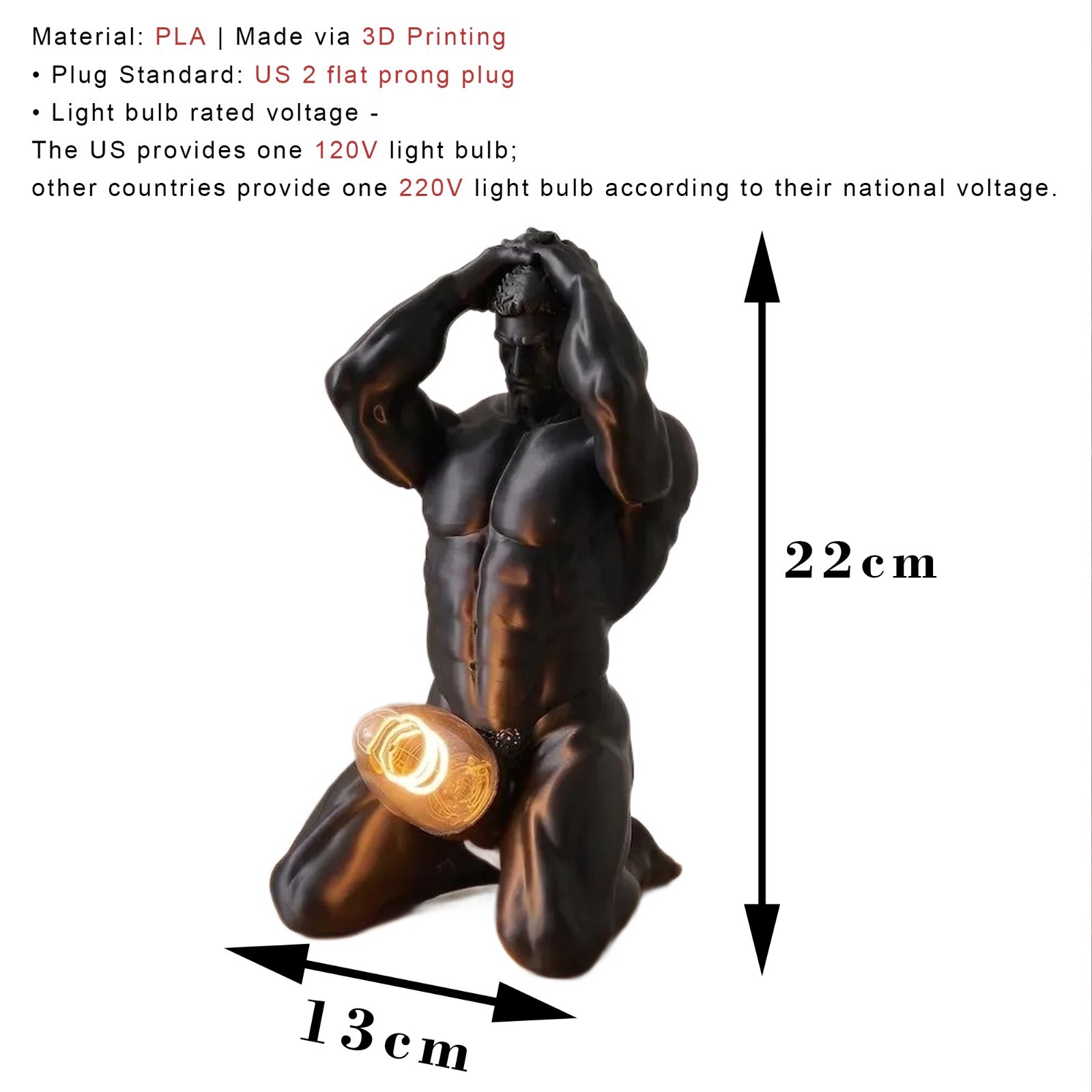Muscular Man Statue Night Light 3D Printed PLA 2Prong Plug Desk Decor Lamp