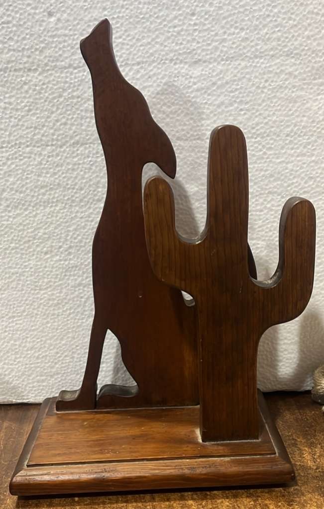 Vintage Wood Cactus Coyote Standing Sculpture