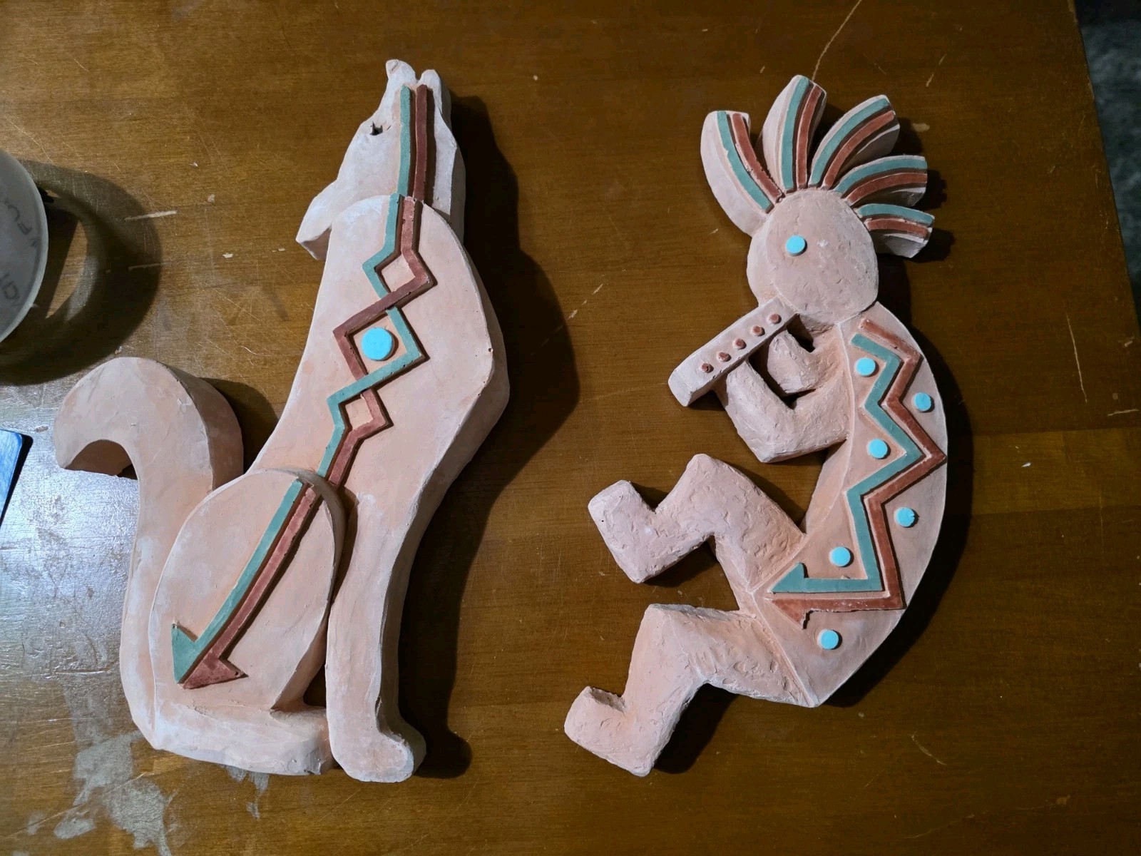 Kokopelli Terracotta Hopi Dancer/Howling Wolf Native Wall Art Pink/Green/Blues