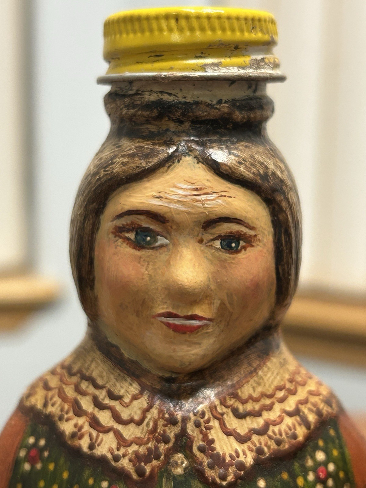 Hand Painted Folk Art Bottle Doll Colonial Prairie Woman Primitive Decor 10”