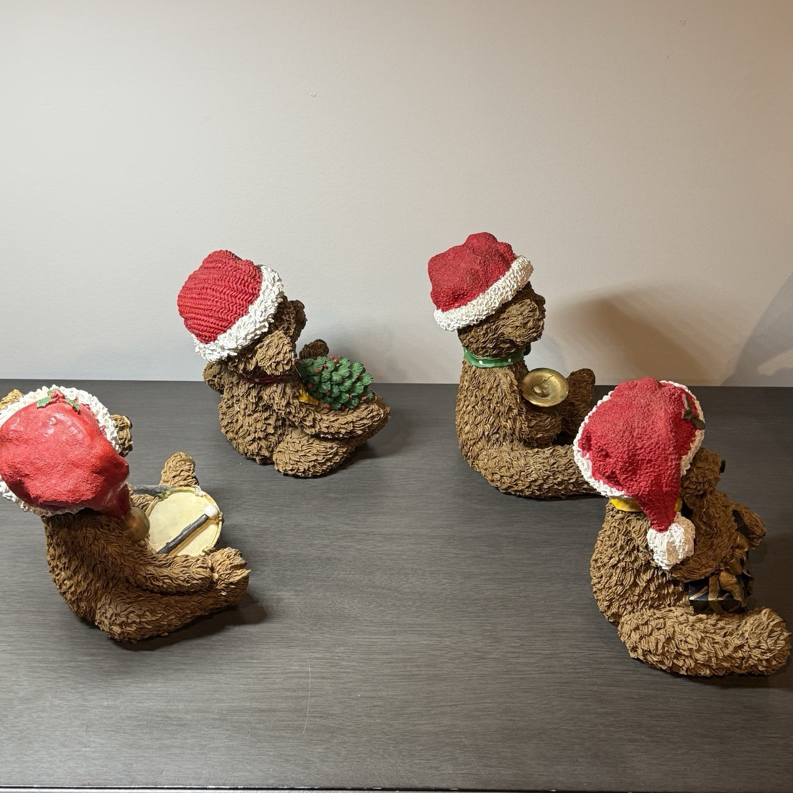 Set of 4 Resin Christmas Teddy Bears Santa Hats Figurine Gift Bell Tree Drum 6”