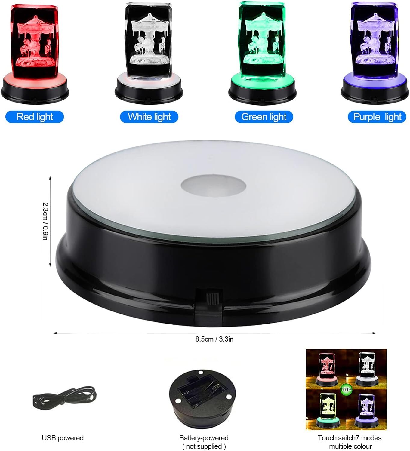 2PCS LED Light Display Base Stand 7 Color Lamp Holder Crystal Glass Art Figurinm