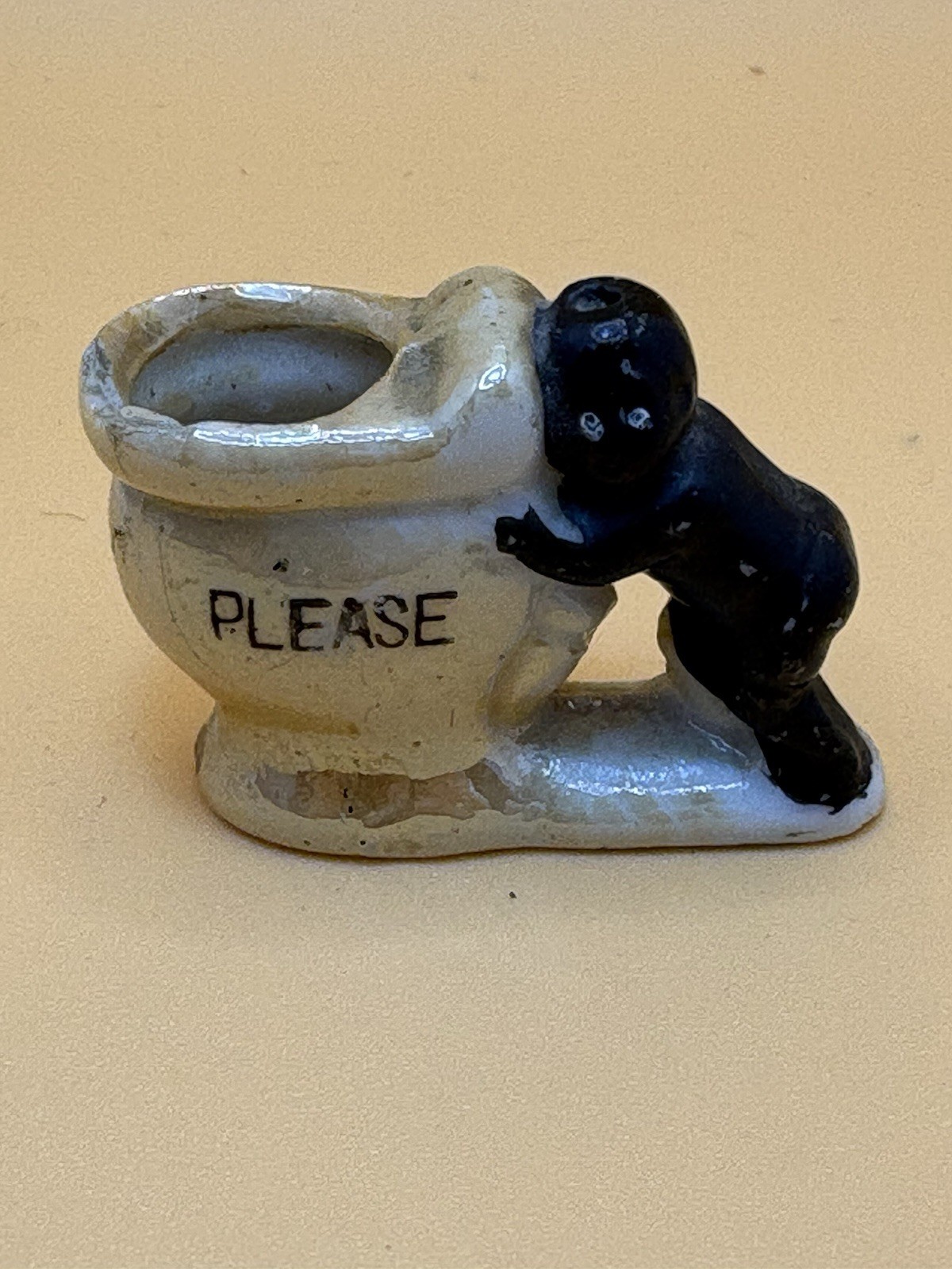 Ceramic Novelty Figurine Toilet with Person ‘PLEASE’ Small Made in Japan