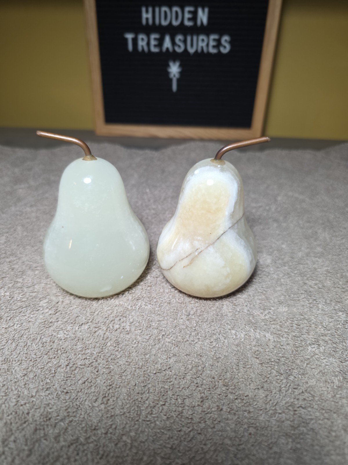 Set of 2 Vtg ONYX Solid Stone PEARS Pear Sculptures FRUIT DECOR Metal Stems MCM