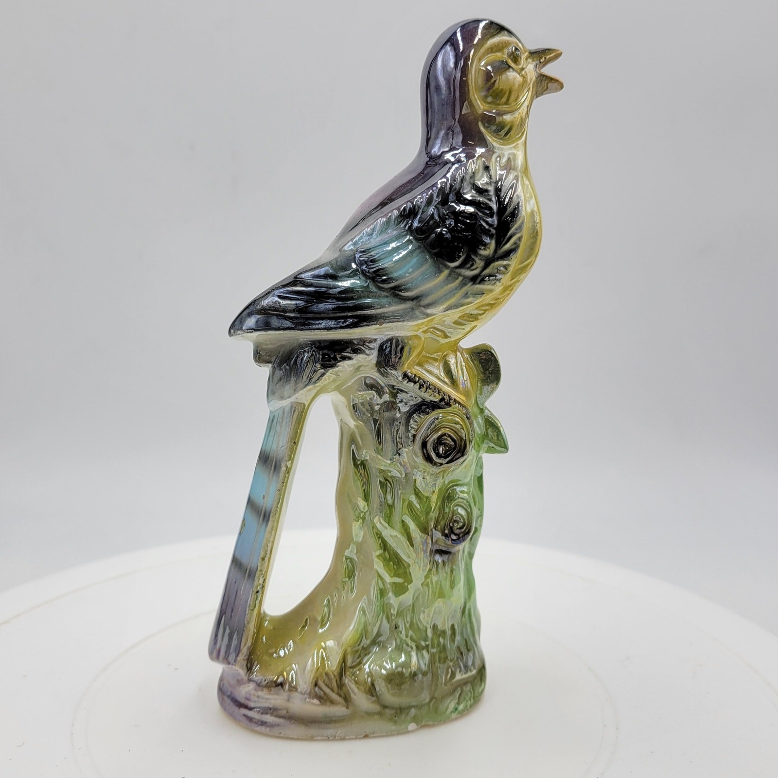 Vintage Iridescent Blue Bird Glazed Ceramic Figurine Sculpture 7″ Mid Century