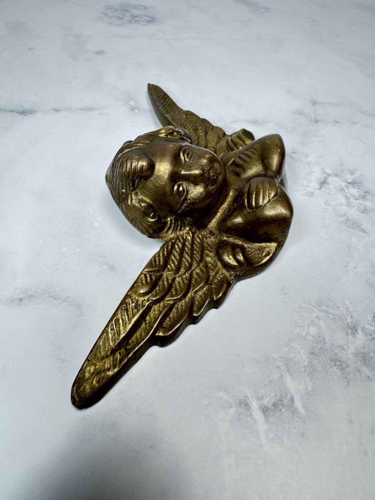 Vintage Brass Angel Cherub Wall Hanging Boudoir Whimsical Sculpture Figurine 5″