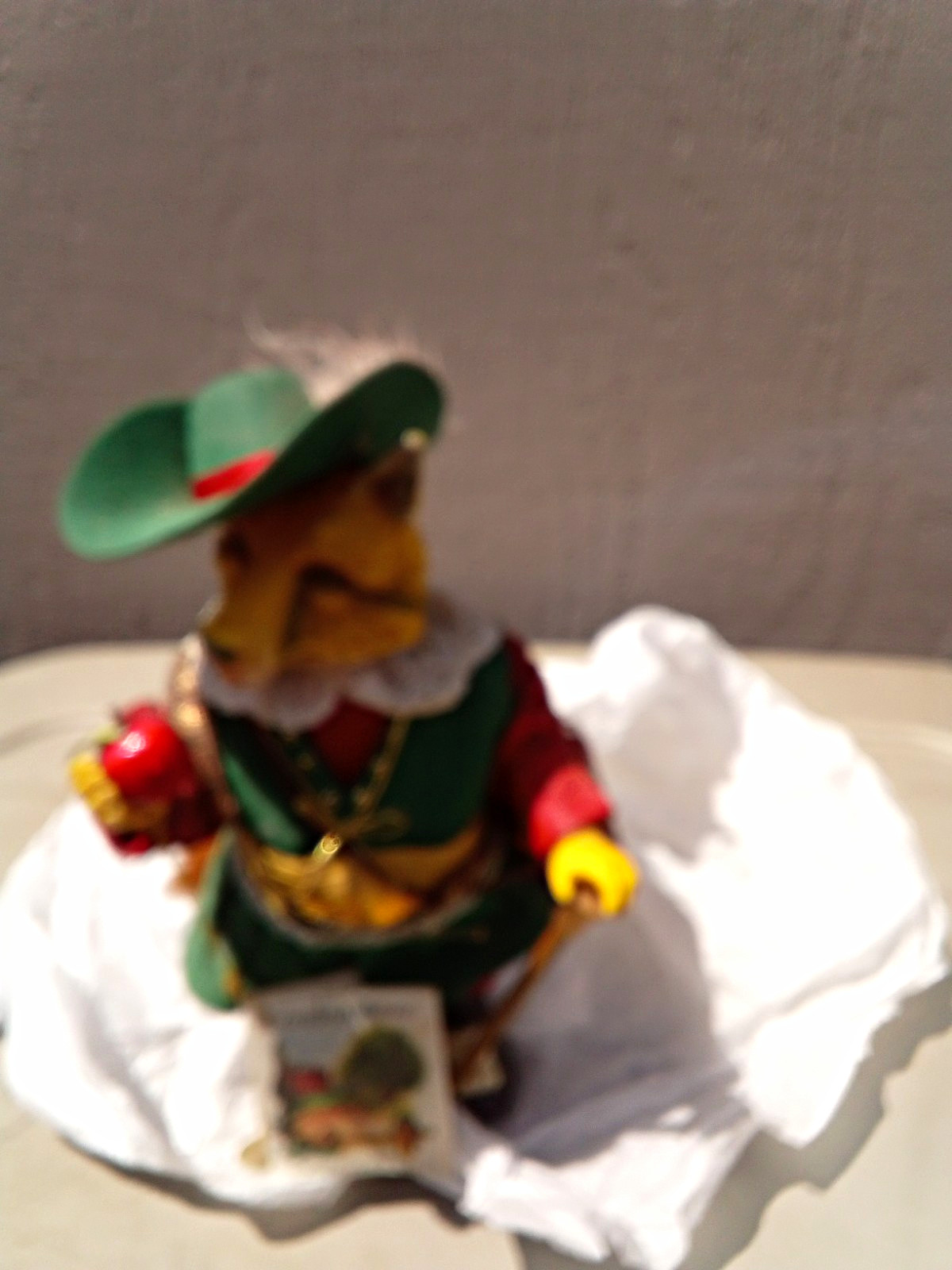 Multicolor Fabric Fox Figurine Green Costume Feathered Hat Holding Red Apple