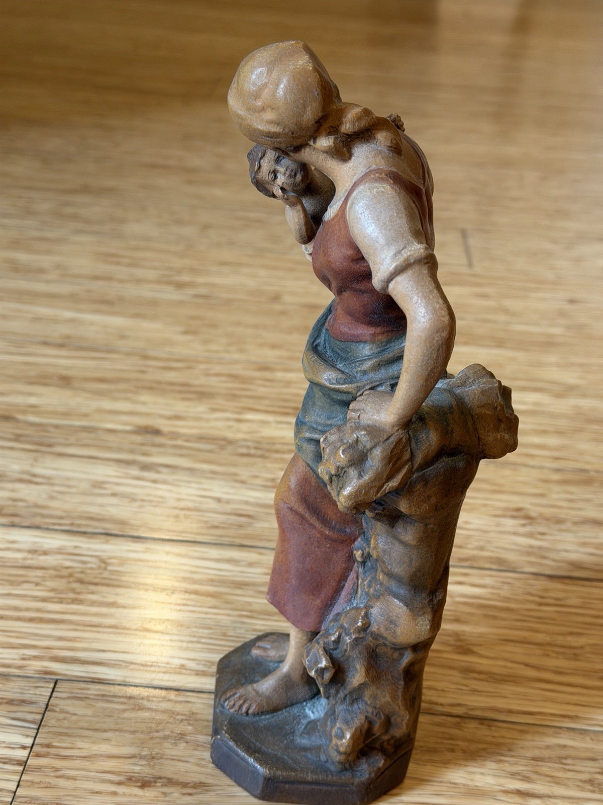 Hand Carved Wooden Mother and Baby Child Figurine 9.5” Tall Loving Family
