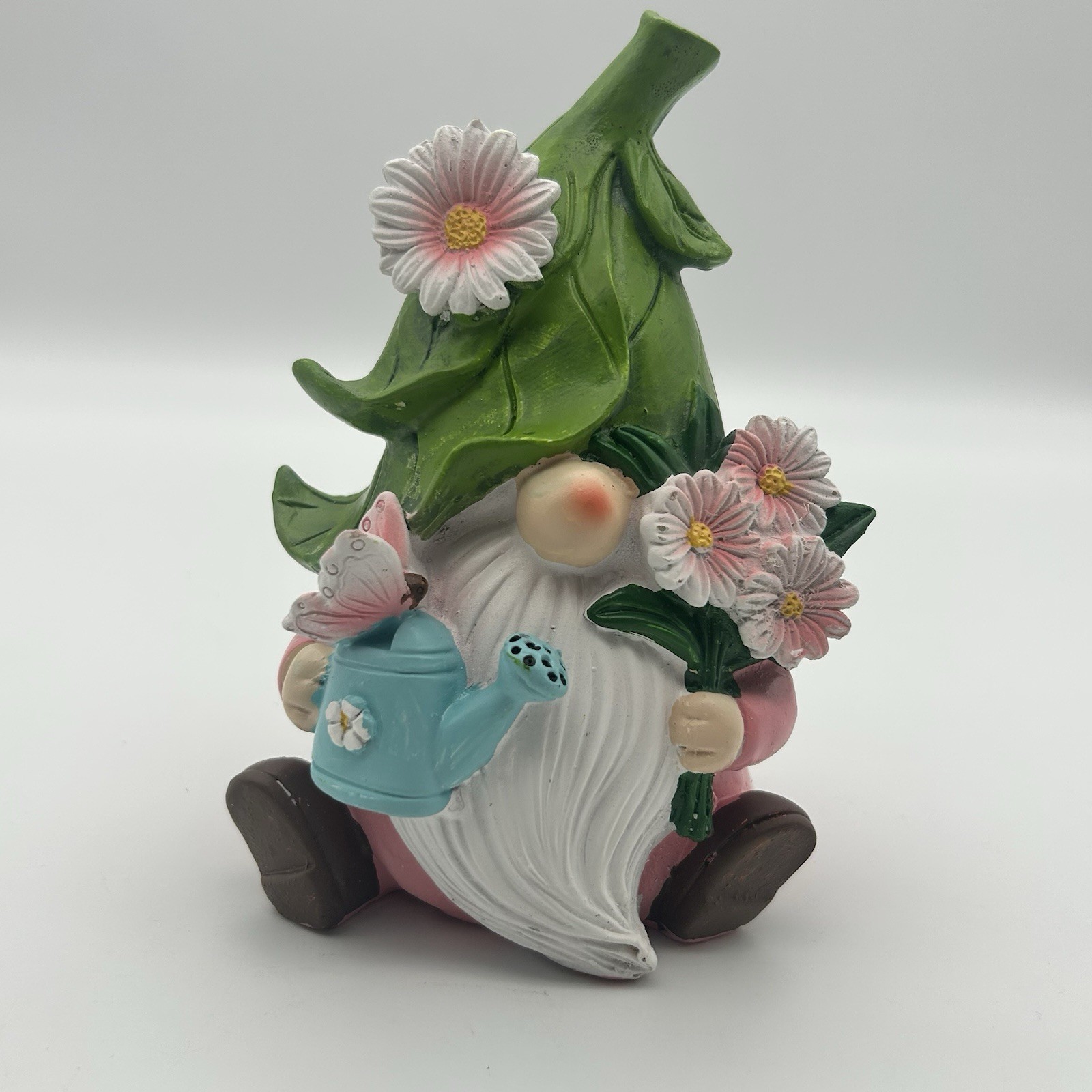 Spring Garden Gnome Figurine Watering Can Flowers Resin Pastel Decor ~6″