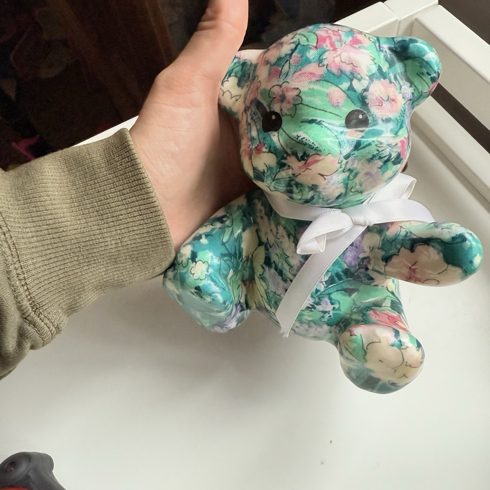 Joan Baker Designs Porcelain Patchworks Green Floral Teddy Bear Sculpture