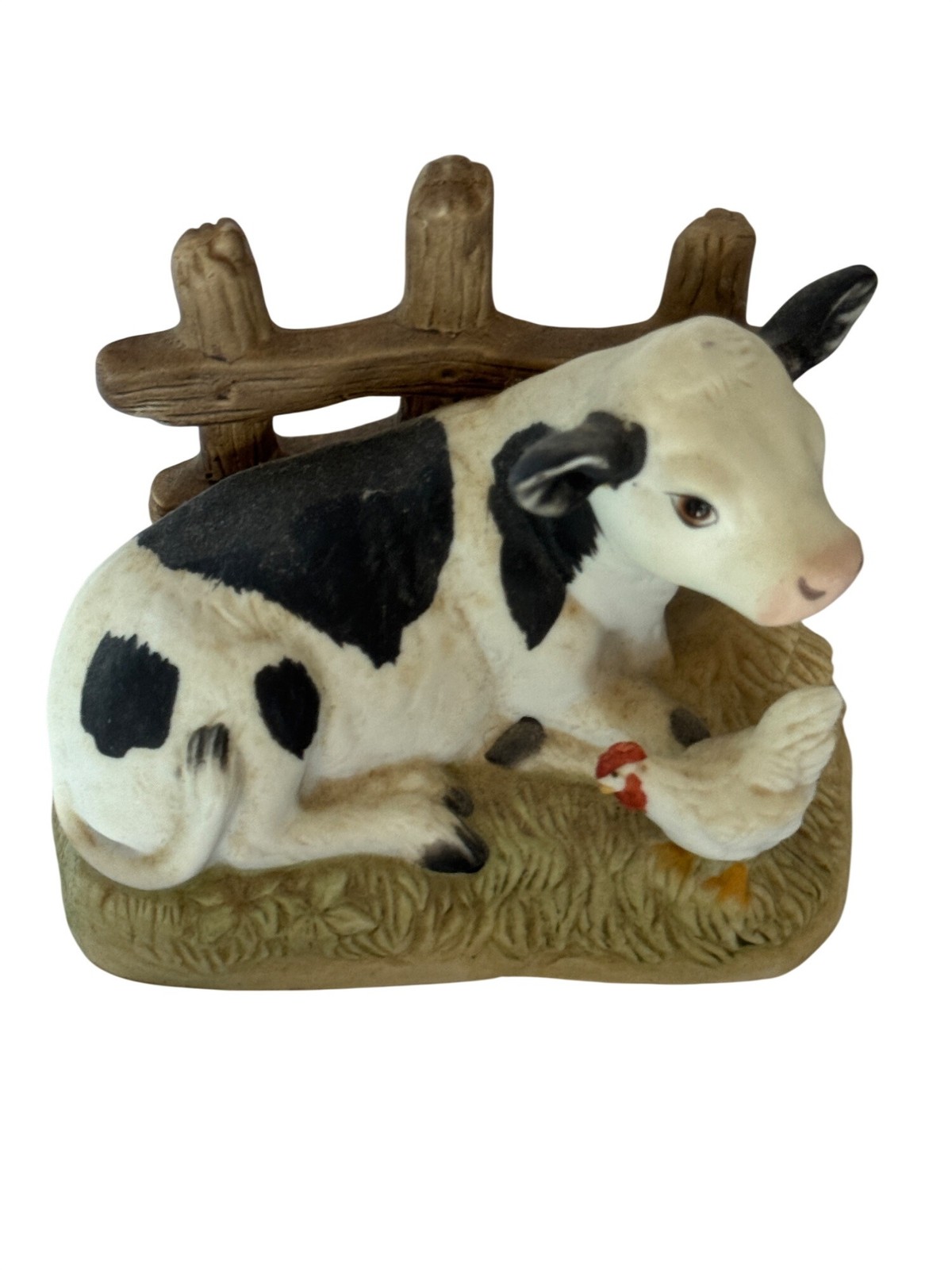Vintage Homco Home Interiors calf Figurine With Wooden Fence and chicken – Far