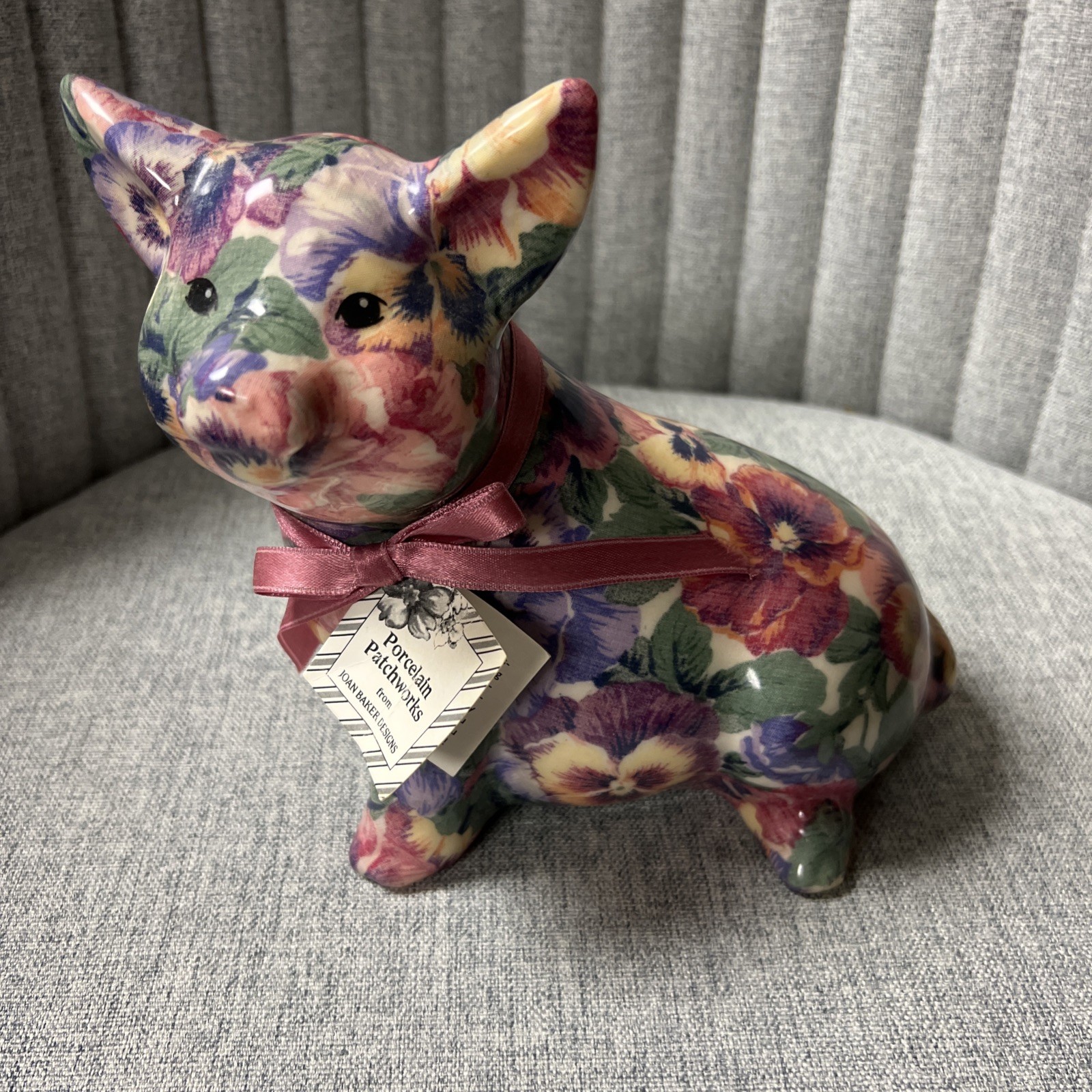 Joan Baker Designs Pink Pig Floral Porcelain Patchworks 7.5”x7.5”x4.75” SO CUTE!