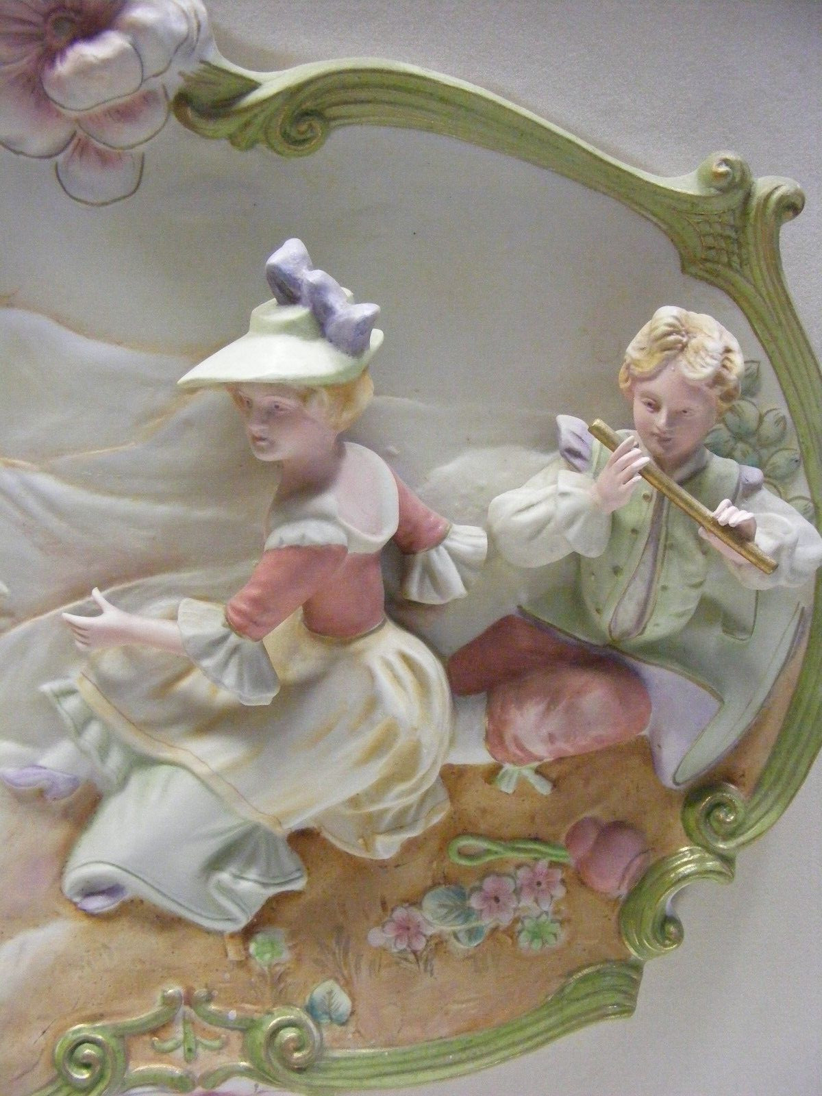 Vintage Porcelain Victorian Couple Wall Art Landscape Scene Playing Sheep Framed